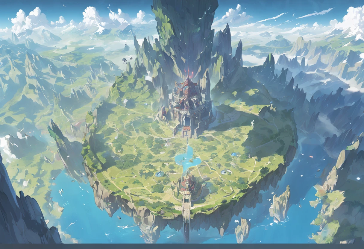 a group of flying islands，halo, game map, Hyrule, Ancient Fantasy Regional Map, Highly detailed map,Detailed Map, Height Map，world map、Isekai Map、Map of the Kingdom、Otherworldly Adventure、ice mountains、K HD、meticulous、Ground View、Spread up，pixel art, magic floating islands, castles and towers, waterfall in the air, Pandora from Avatar