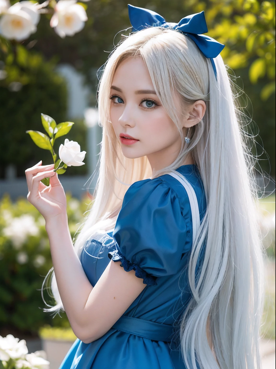 portlate、Alice in Wonderland、Blue sky、Bright and very beautiful face、Young shiny shiny white shiny skin、Best Looks、Platinum blonde hair with dazzling highlights、finer hair、beautiful long back hair that is very straight,,,,,,,,,、Super long silky straight hair、Beautiful bangs that shine、Glowing crystal clear big blue eyes、very beautiful nice beautiful girl、White Apron、Blue Dress