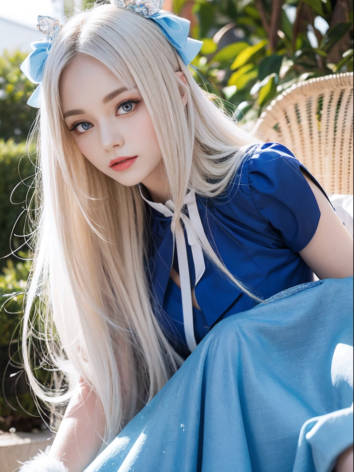 portlate、Alice in Wonderland、Blue sky、Bright and very beautiful face、Young shiny shiny white shiny skin、Best Looks、Platinum blonde hair with dazzling highlights、finer hair、beautiful long back hair that is very straight,,,,,,,,,、Super long silky straight hair、Beautiful bangs that shine、Glowing crystal clear big blue eyes、very beautiful nice beautiful girl、White Apron、Blue Dress