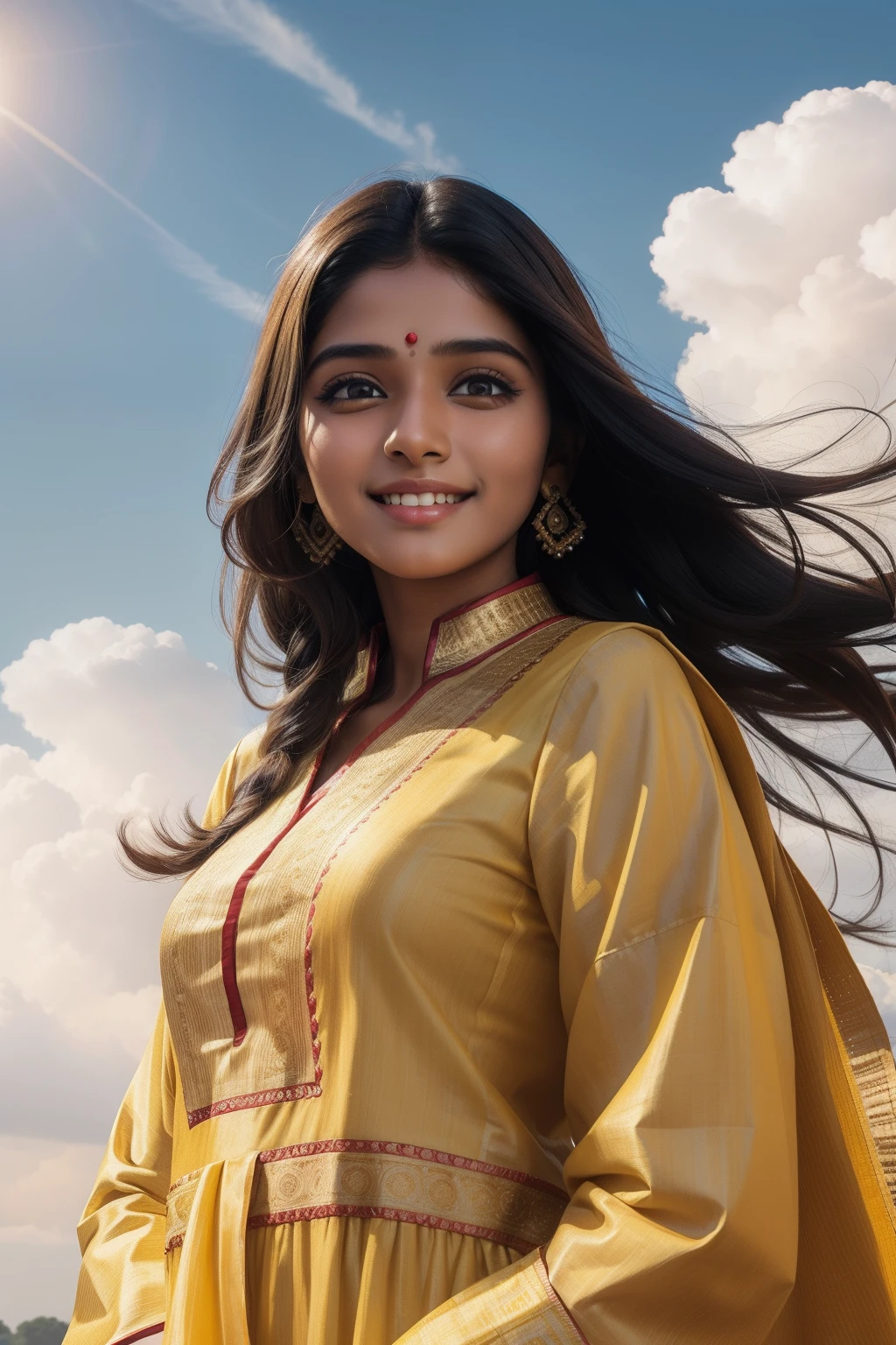 Face of a young woman, with traditional indian yellow kurtha with yellow dupatta ,long mob styled hair,  cute smile, bright eyes, Brown skin, sky and lite clouds as background