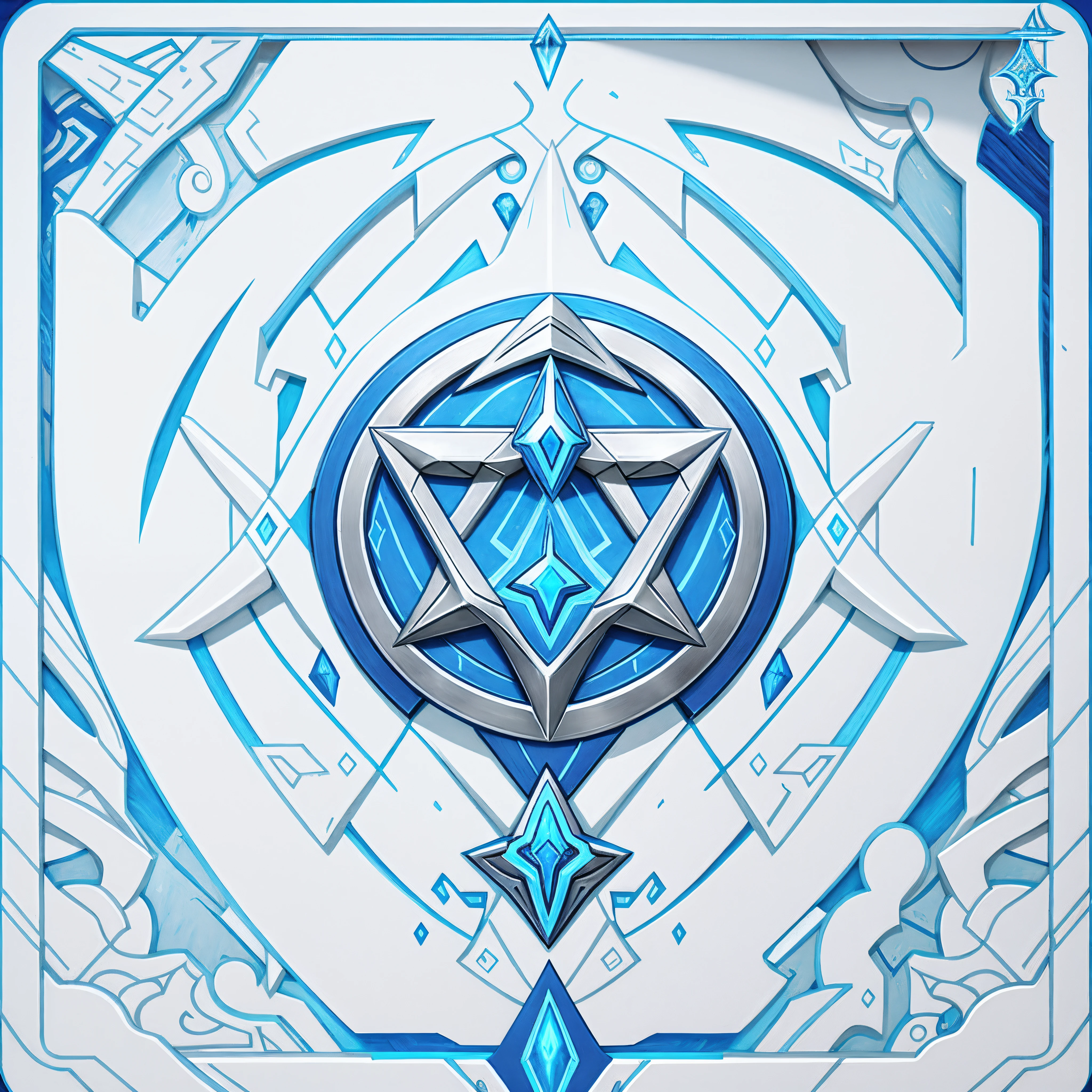 blue and white logo, protoss!!!!, protoss!!, protoss, ancient symbol behind it, leviathan cross, [epic, magic rune, symmetrical logo, with silver runes on it, rune-engraved armor, simple shading, raziel irl, infinity glyph, frost gem, [ shards, fantasy game spell symbol, ice rune, frost region emblem