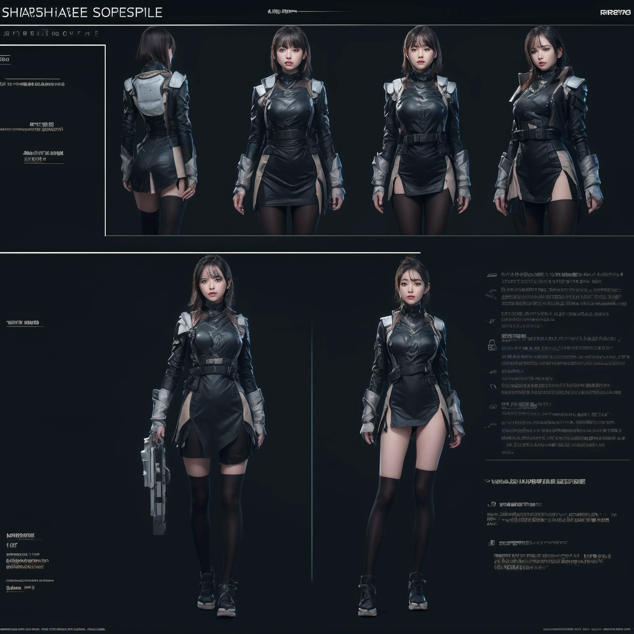 character chart, reference sheet, multiple views, move chart, award winning,character design,juesesheji,3D, A beautiful cyberpunk female image,battledress,hdr(HighDynamicRange),Ray traching,NVIDIA RTX,Hyper-Resolution,Unreal 5,Subsurface scattering、PBR Texture、post-proces、Anisotropy Filtering、depth of fields、maximum definition and sharpness、Many-Layer Textures、Albedo e mapas Speculares、Surface coloring、Accurate simulation octane rendering of light-material interactions、Two-colored light、largeaperture、Low ISO、White balance、the rule of thirds、8K raw data、blackstockings