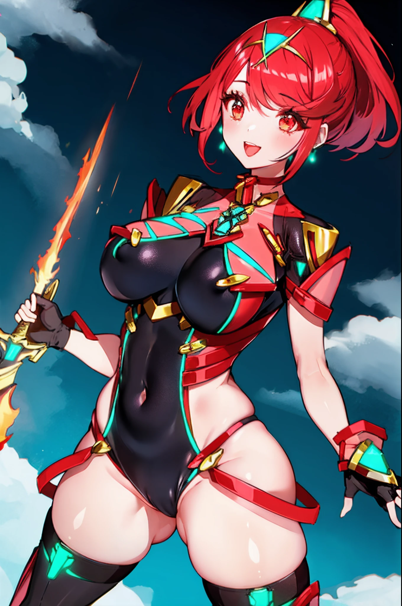 pyra \(xenoblade\), _1girl, lolings, black gloves, breasts, red eyes, light_open_mouth, earrings, eyelashes, fingerless gloves, floating hair, , gem, gloves, hair ornament, headpiece, jewelry, big_breasts, leaning back, swimsuit, neon trim, official art, pose, red hair, saitou masatsugu, short hair, sidelocks, skin tight, solo, swept bangs, thighhighs, tiara, fantasy_town_background, underbust, xenoblade chronicles \(series\), (xenoblade chronicles 2), (spread_legs:1.1), fire_effect,dynamic_pose,fighting,light_smile, (plump:1.1), big_ass,huge_sword, hold_large_sword_hilt, covered_nipples, covered_pussy,back_view, fists,ponytail,plump,beautiful_fingers,(solo:1.1), bare_shoulder,