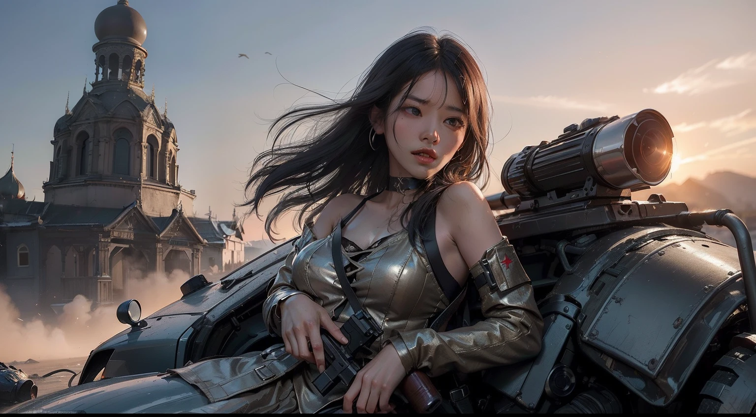 (realisitic,Photorealsitic:1.4),(1 beauty:1.3),(beautiful countenance:1.5),Detailed shiny skin,A detailed eye,Precise hands and fingers,8K HDR, , masterpiece, (Dynamic Angle Video),电影灯光, Finely drawn backgrounds,(Decadent,scientific fiction,mud, Dust and dirt,Traces of war:1.2)Beautiful Russians,battle suits,Silvery hair,Neck choker,Thailand,Scenery of the summit,Woman fighting alone surrounded by enemies,In the midst of a battle,hold a gun,gun fight