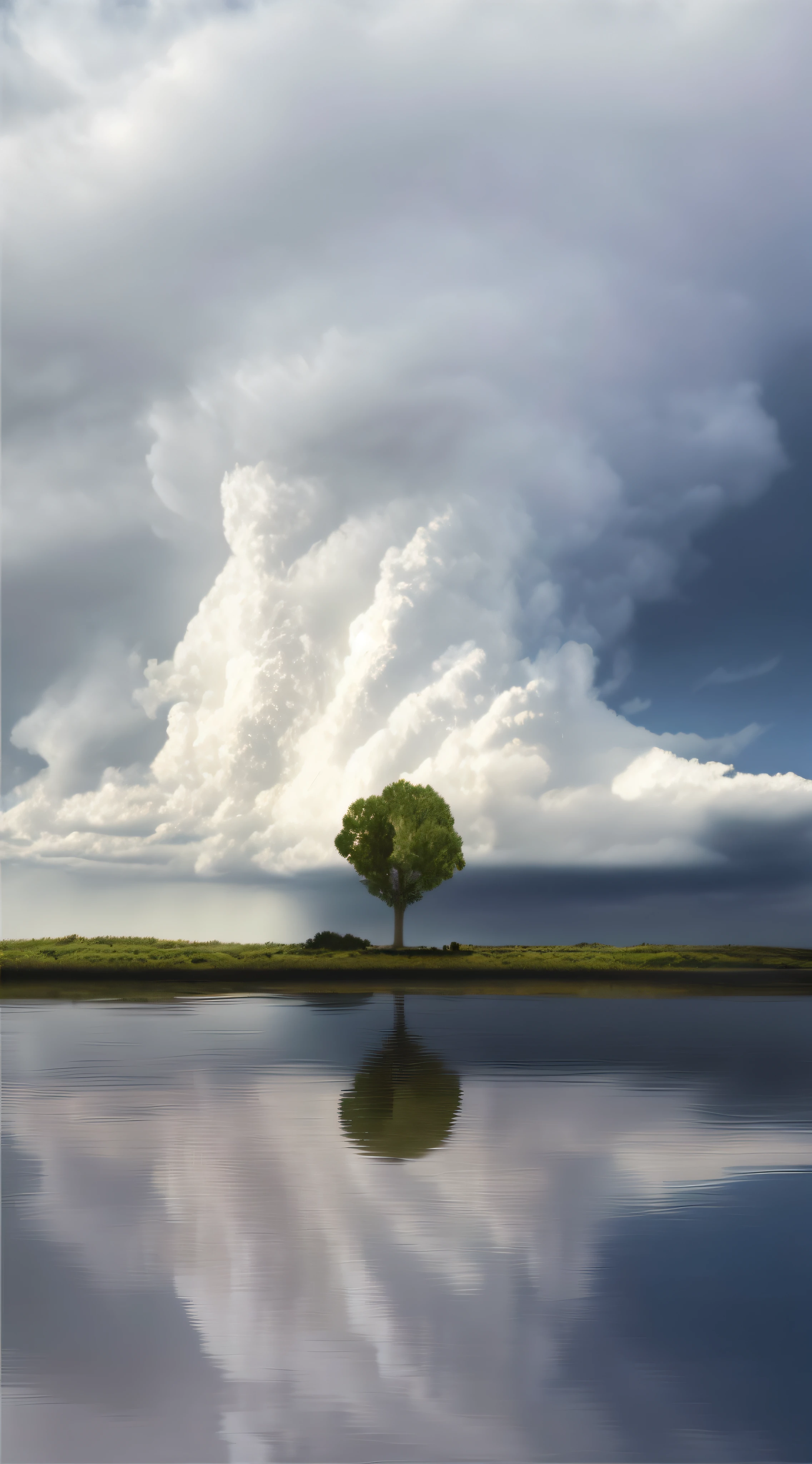 there is a lone tree sitting on a small island in the middle of the water, magical stormy reflections, weather photography, lonely tree, nature and clouds in background, single tree, standing against the storm, nature wallpaper, photorealistic landscape, majestic landscape, against a stormy sky, landscape wallpaper, stormy landscape, serene landscape, beautiful iphone wallpaper, during a storm