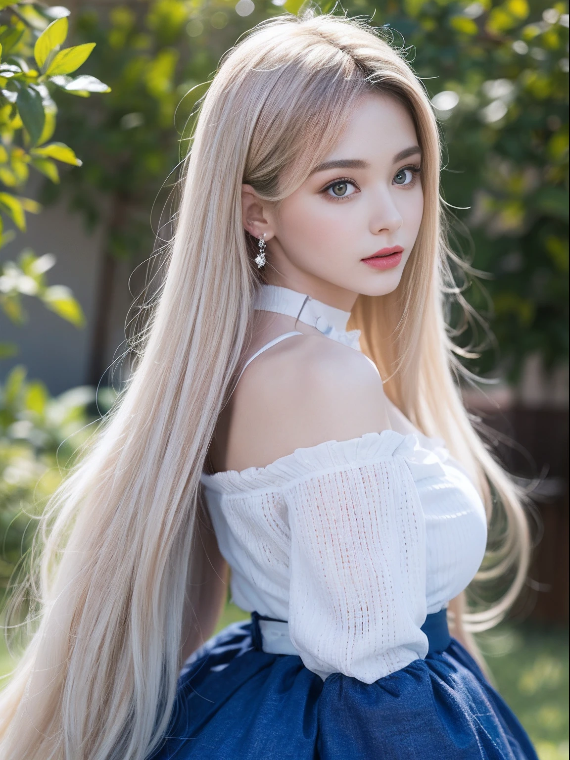 portlate、Alice in Wonderland、Blue sky、Bright and very beautiful face、Young shiny shiny white shiny skin、Best Looks、Platinum blonde hair with dazzling highlights、finer hair、beautiful long back hair that is very straight,,,,,,,,,、Super long silky straight hair、Beautiful bangs that shine、Glowing crystal clear big blue eyes、very beautiful nice beautiful girl、White Apron、Blue Dress