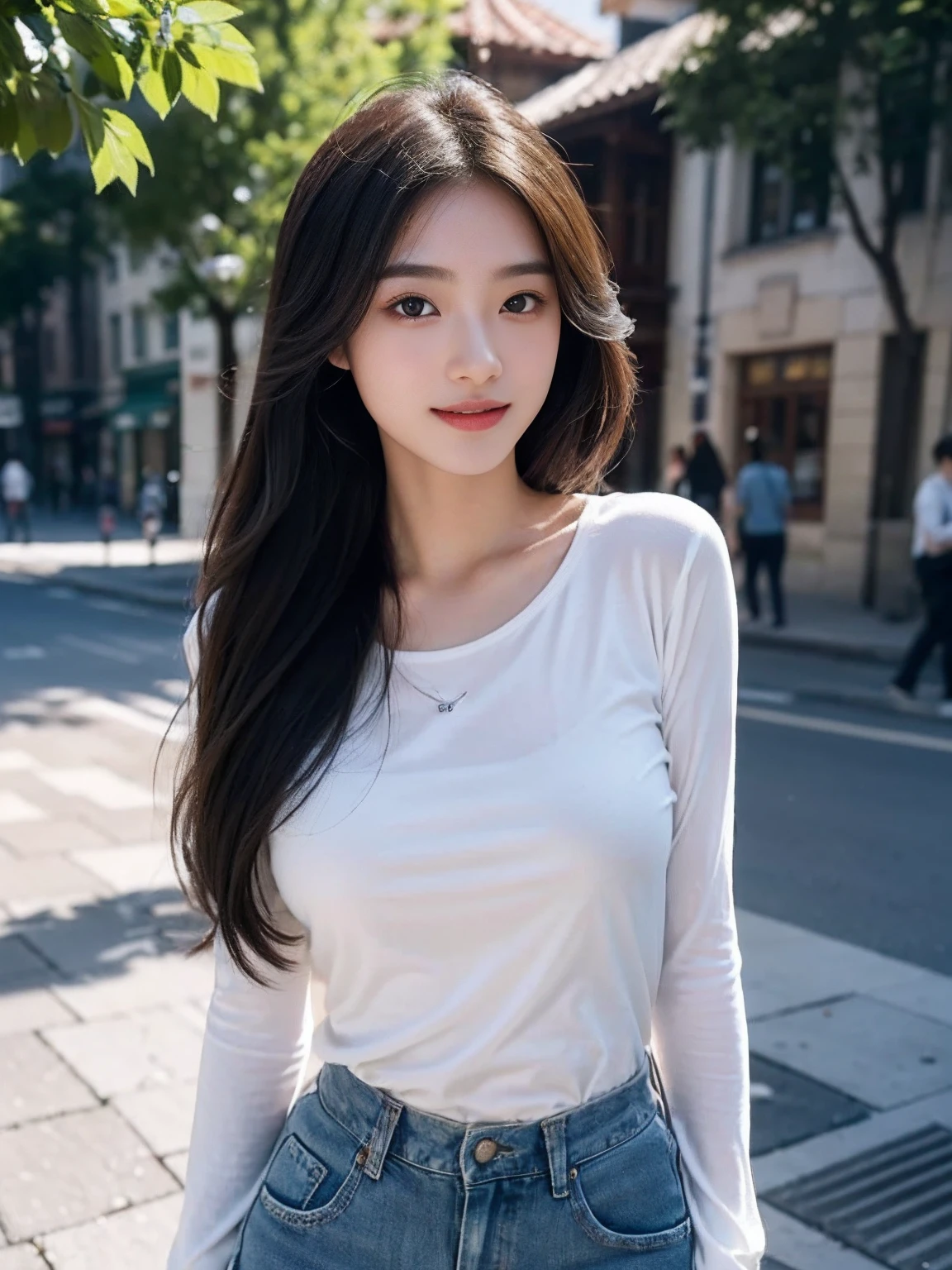 best qualtiy,tmasterpiece,超高分辨率,(真实感:1.4),RAW photogr,1girll,Face Highlighting,Pure,Girly,Flushing,18yr old,18-year-old smiling female classmate,Pure,Innocent,(best qualtiy,8K,tmasterpiece:1.3),Goose egg face,largeeyes,long eyelasher,Exquisite(live-action realistic style),Star-like eyes,Ultimate face,Photorealistic light and shadow,Clear facial features,Milky white skin,Fair skin, highdetailskin, Realistic skin details, Visible Pore,(Super detail),(perfect bodies:1.1),long whitr hair,(dynamicposes),((Dynamic background((volumettic light:1.3)),old castle,the street,The shirt,denim pant,walk