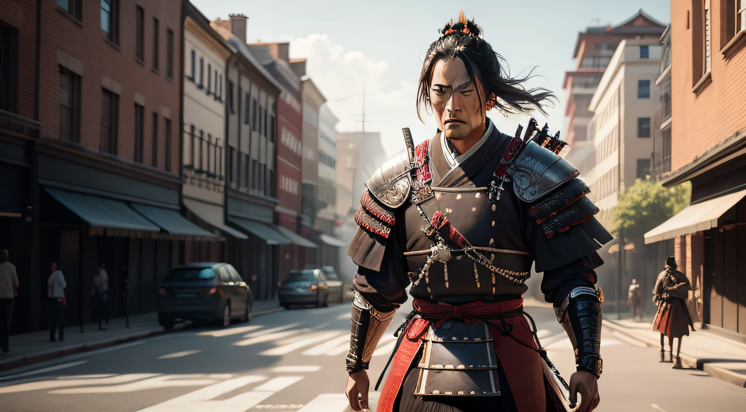create a realistic image of a samurai arriving in a city