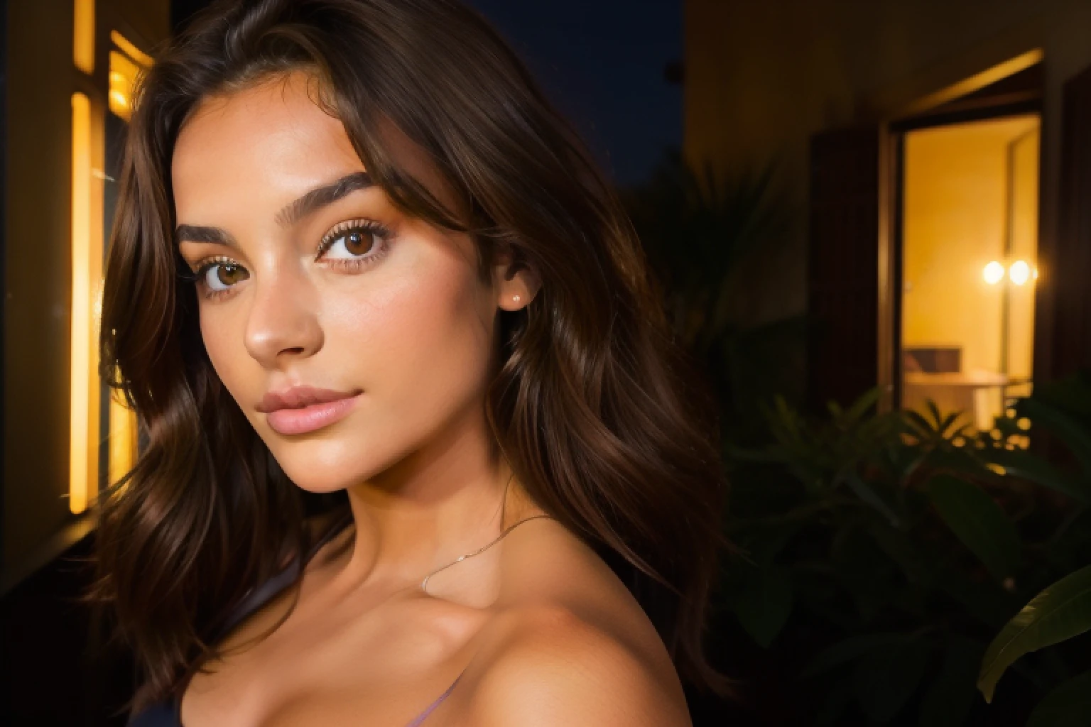 Jeune femme brune, selfie snapchat portrait, Histoire Instagram, olive skin, pose naturelle de proche, belles formes, The night bright light, selfie