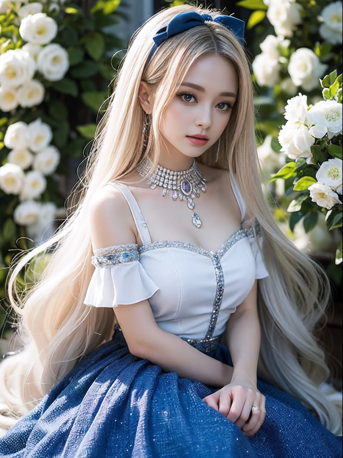 portlate、Alice in Wonderland、Blue sky、Bright and very beautiful face、Young shiny shiny white shiny skin、Best Looks、Platinum blonde hair with dazzling highlights、finer hair、beautiful long back hair that is very straight,,,,,,,,,、Super long silky straight hair、Beautiful bangs that shine、Glowing crystal clear big blue eyes、very beautiful nice beautiful girl、White Apron、Blue Dress