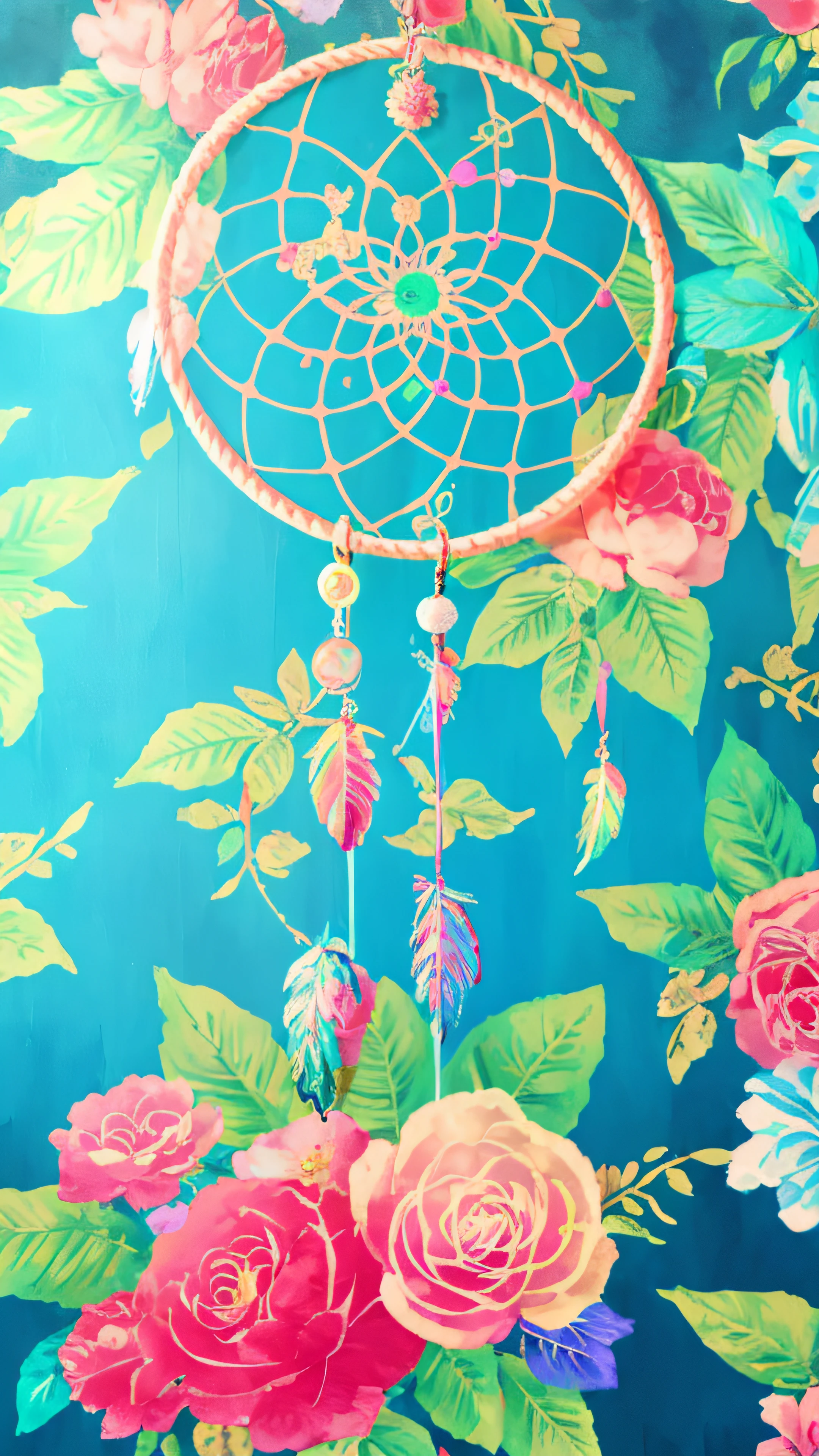 A colorful flower pattern with a dream catcher on a blue background, dream catcher, dream catcher, pink and turquoise green, floral wallpaper, wallpaper design, dreamy and detailed, beautiful wallpaper, phone background, tapestry of dreams, flower dream, motifs hippie
Seamless pattern