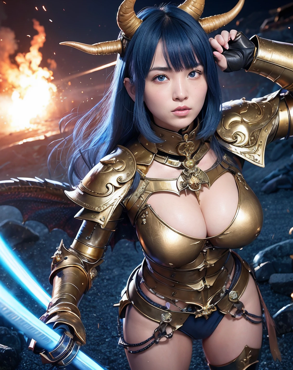 Professional , masterpiece、top-quality、photos realistic , depth of fields 、(Gemstone Blue Metal Body:1.2),(Matte Blue Black、()、gold patterns、Wind-effect、Light Effects、Wind-effect、(Micro Bikini Armor)、(cleavage of the breast)、Dragon Gold Weapon(Dragon Metal Body:1.4),Gorgeous gold weapons ,(Particles of light)、 ,Fight legions of soldiers in skeleton armor ,(demonic wings)、Mystical expression、-yeld beiful girl、(( Dragon's dense and gorgeous sword)) , Ultimate Beauty 、((Blue hair))、(Castle background)、Fight dragons、Fight with weapons、((Gangle's forest background))、Beautiful Caucasian beauty、(1a person)、dynamic ungle,(((Details of the two demon horns on the head)))、Smaller head、A smile、Castle background、Thin and beautiful female hands、cleavage of the breast、Soldier in iron armor on background、Mystical expression、Light Effects、Wind-effect、magic circles、With the legendary magic wand、(demonic wings)、(Blue hair)、(1 persons)、Battle Look、Anatomically correct body、Toostock、Toostock、knee、Fight soldiers in skeleton armor ,