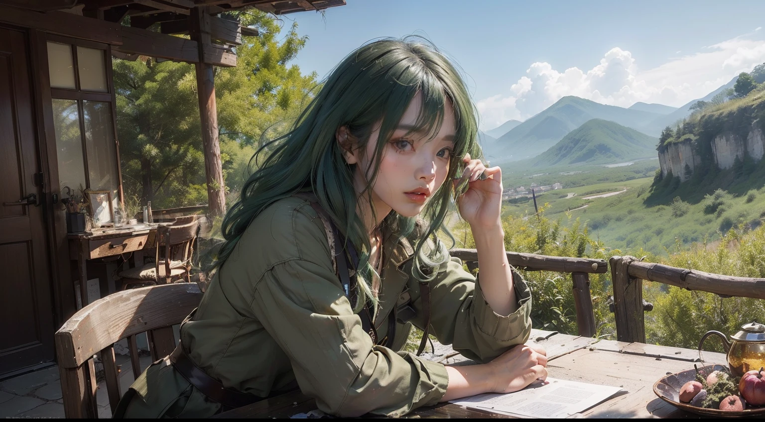 (realisitic,Photorealsitic:1.4),(1 beauty:1.3),(beautiful countenance:1.5),Detailed shiny skin,A detailed eye,Precise hands and fingers,8K HDR, , masterpiece, (Dynamic Angle Video),电影灯光, Finely drawn backgrounds,(Decadent,scientific fiction,mud, Dust and dirt,Traces of war:1.2)韓国アイドル,Autumn outfit,Moss Green Hair,Curly hair,Deities々Shii Izumo,Scenery of the summit,lonely pose,Composition looking up from below,