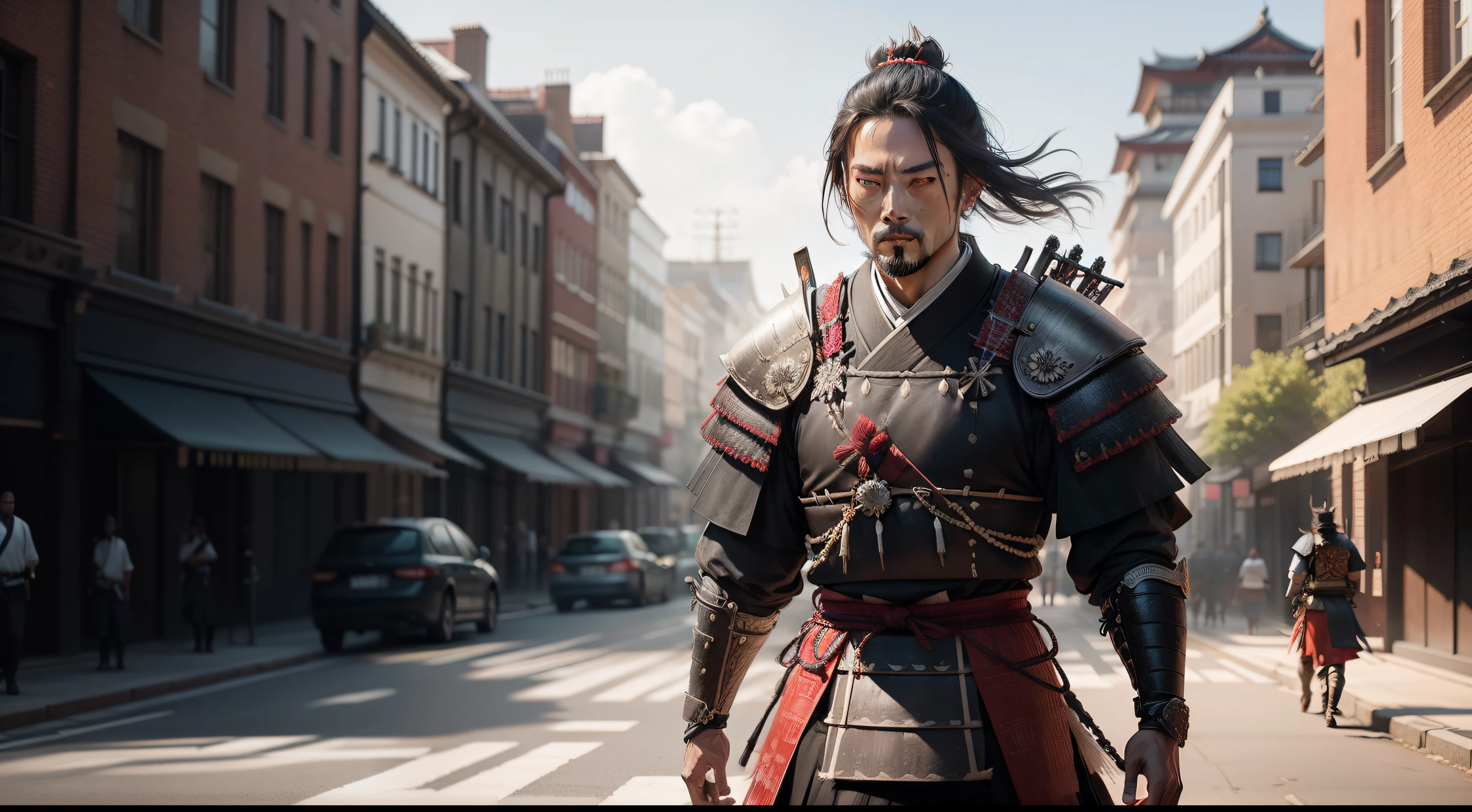 create a realistic image of a samurai arriving in a city