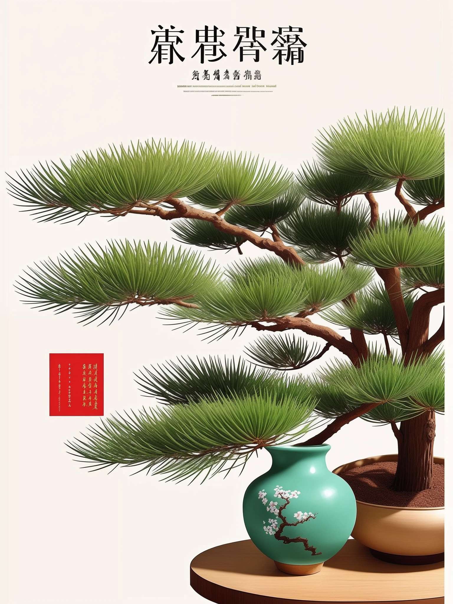 Help me design the poster,The title of the poster is::Kikitō,The poster has a Qing dynasty vase,A pine tree potted,Middle Ages,The picture is beautiful, fresh and natural。