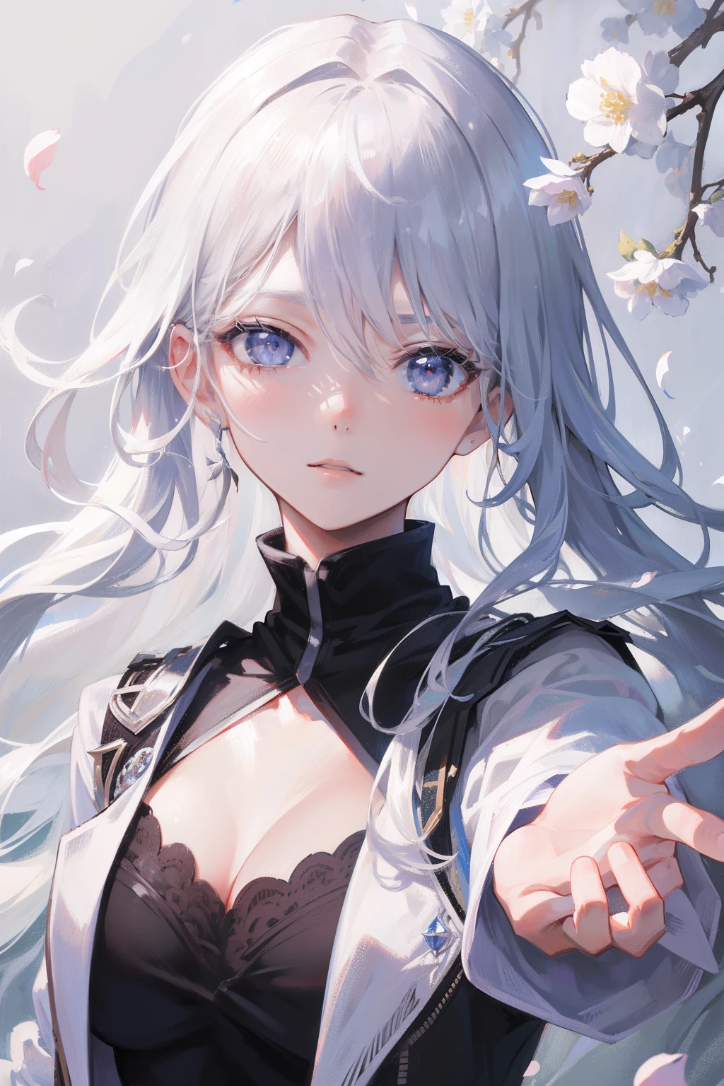 8K masterpiece of excellence，Anime female，Cool wind realistic portrait，Sister，Silver-white long haired woman with long hair，gray pupil，Flower background，The petals dance，delicated face