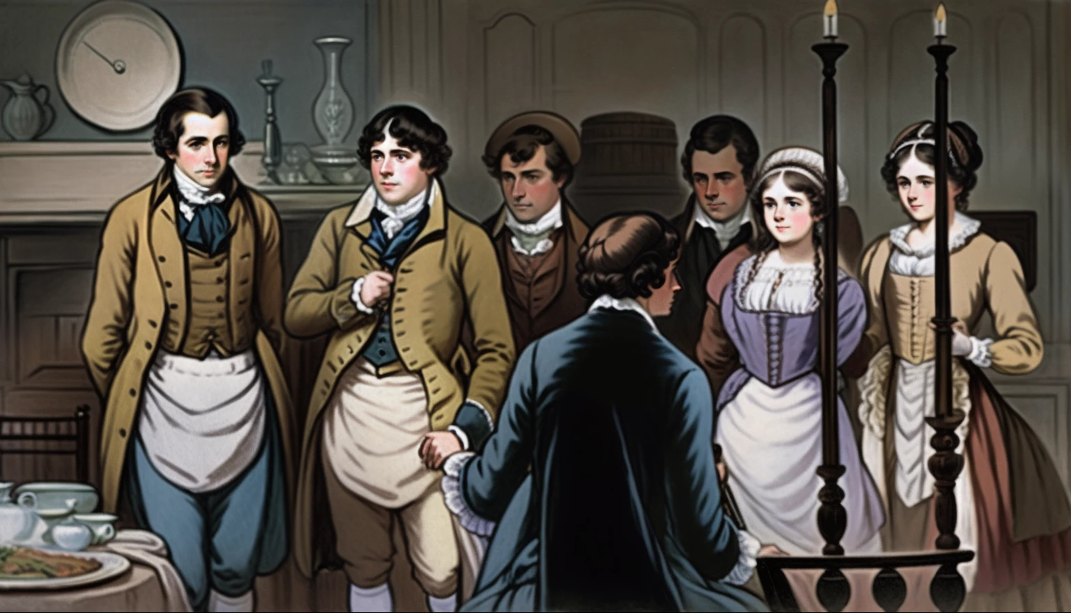 Illustration of a group of men and women in a room, regency-era, inspirado em Thomas Rowlandson, Servos, xilogravura colorida, 1800, Directed by: Gawen Hamilton, premiados, full-colour illustration, cena de um jantar, victorian thanksgiving feast, Directed by: John Atherton, 1790, 1 7 8 0, 1 7 9 5