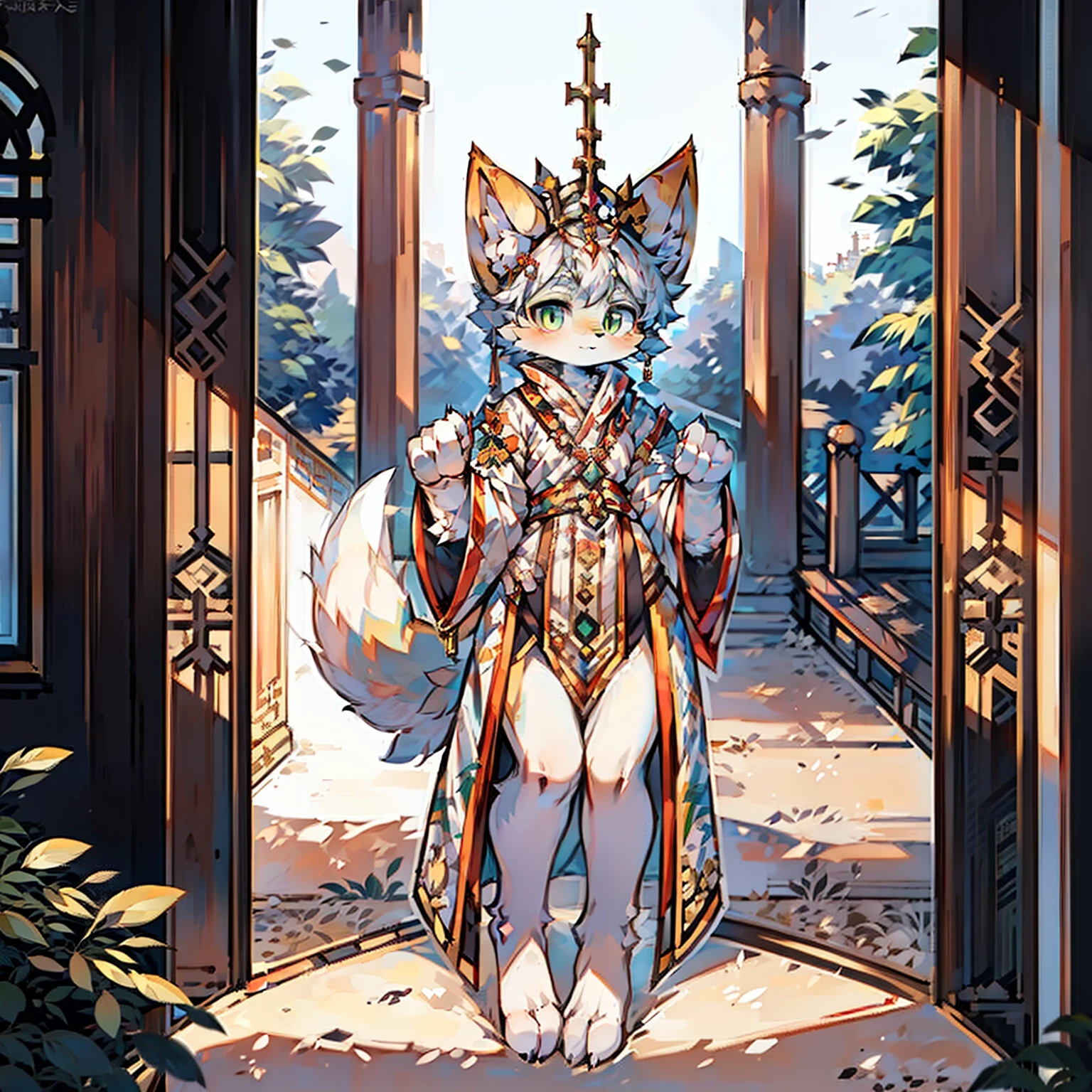 girl fox，green-eyed，White color hair，Yellow fur，Traditional Chinese clothing，palaces，Princess