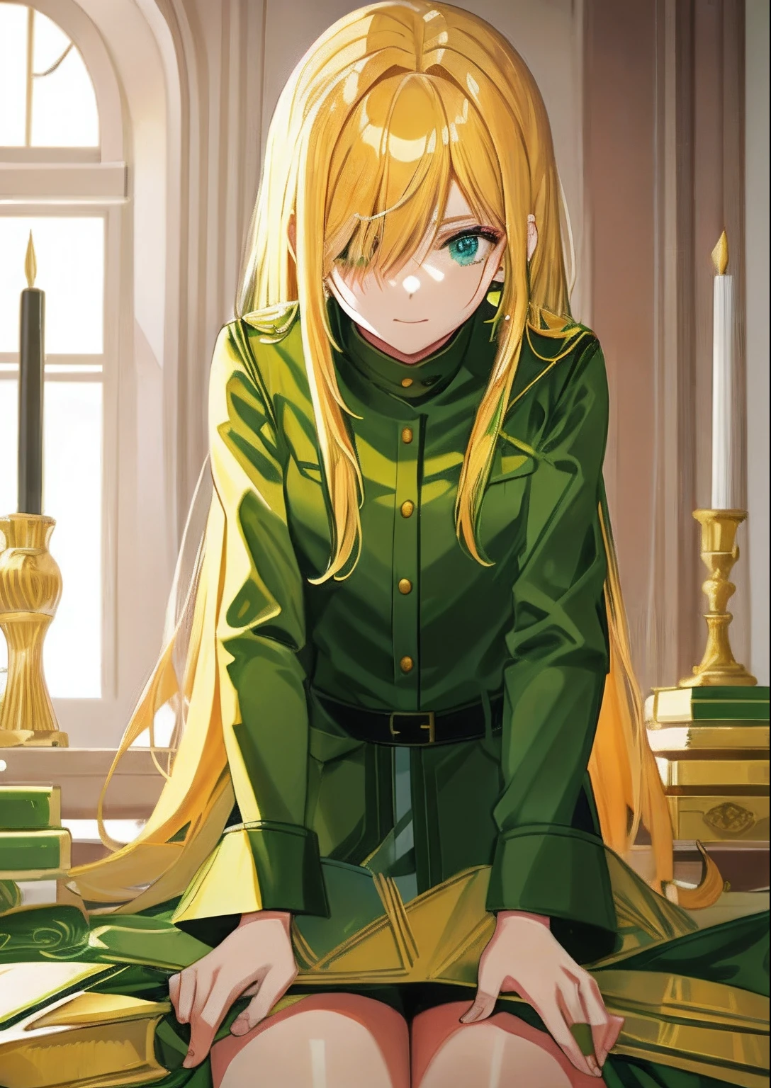 golden hair,dual horsetail,Green coat