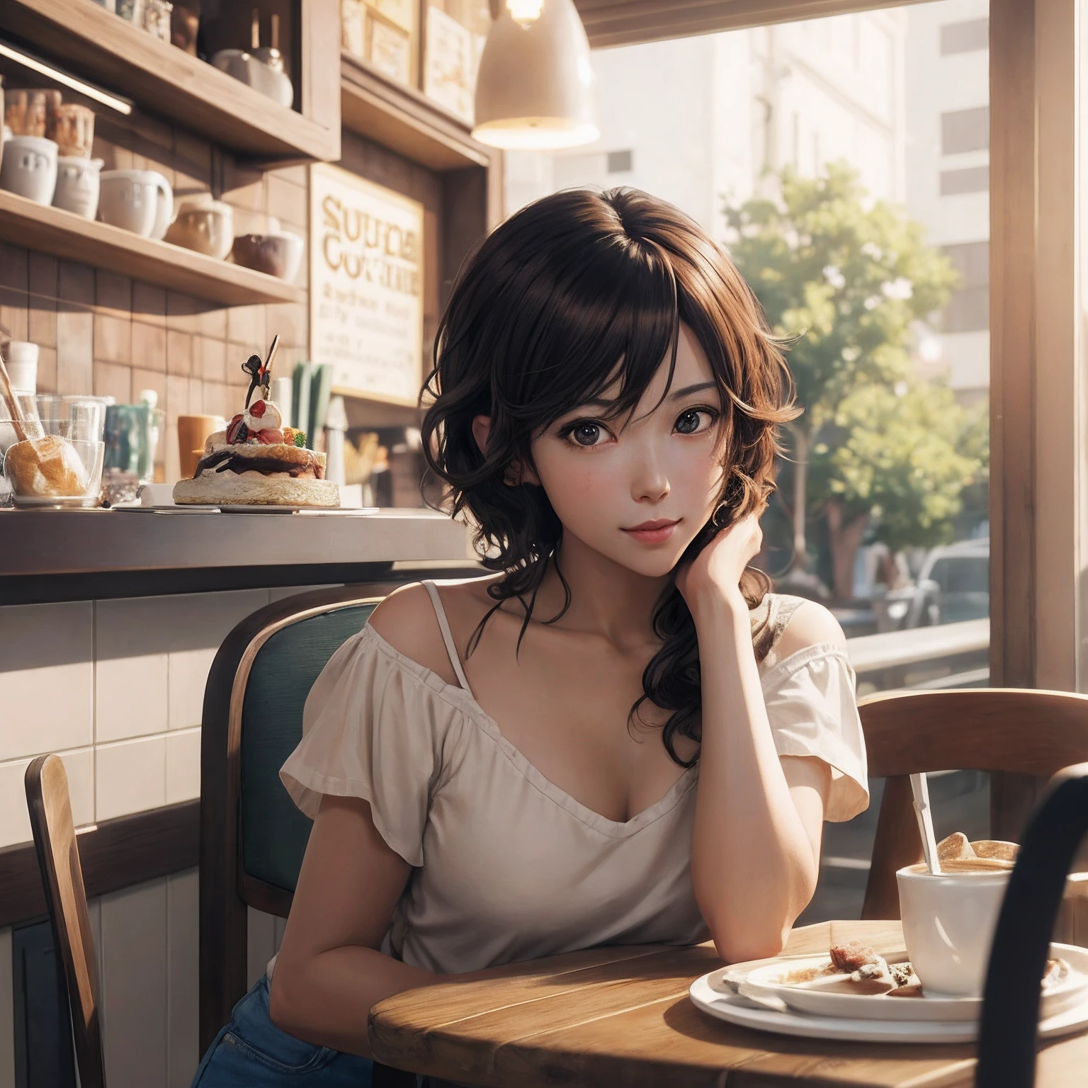 there is a curly woman sitting at a table with a cup of coffee and a slice of cake, mysterious coffee shop girl, realistic anime 3 d style, realistic anime artstyle, anime girl in real life, anime style mixed with fujifilm, photorealistic anime, makoto shinkai and artgerm, realistic anime art style, anime realism style, realistic young anime girl, casual pose