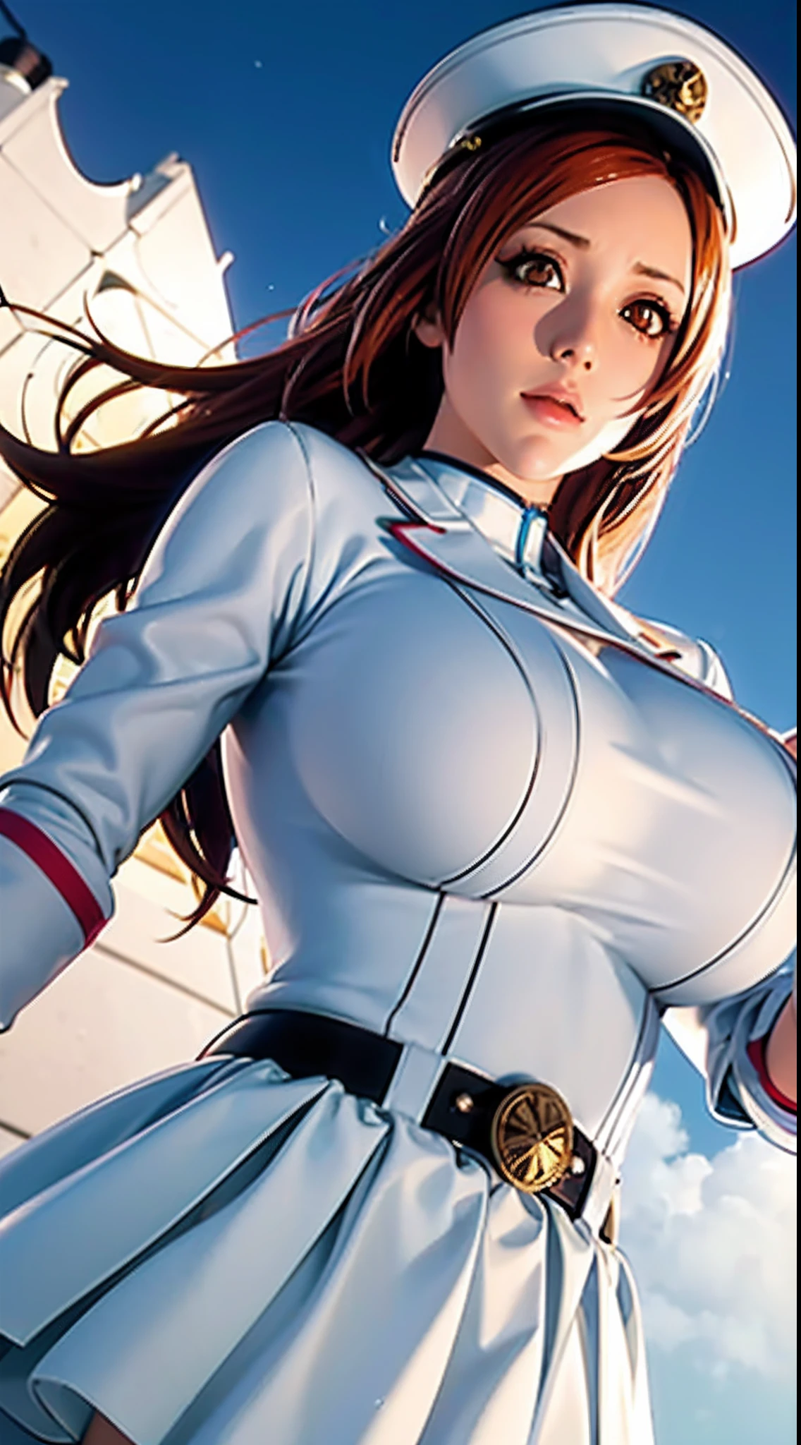 inoueorihime, Long hair, Orange hair, (Brown eyes:1.5),((Masterpiece)),A high resolution, ((Best quality)),tmasterpiece,top-quality,best qualityer,(((Orihime,with brown eye, looking at viewert, There is light in the eyes,Orange hair,Hair decoration))),(((Light and shadow interlace,white skinned,huge boob,Raised ,laughingly,self-assured))),((( White military uniform, White uniform, Hat,white skirt,from below )))