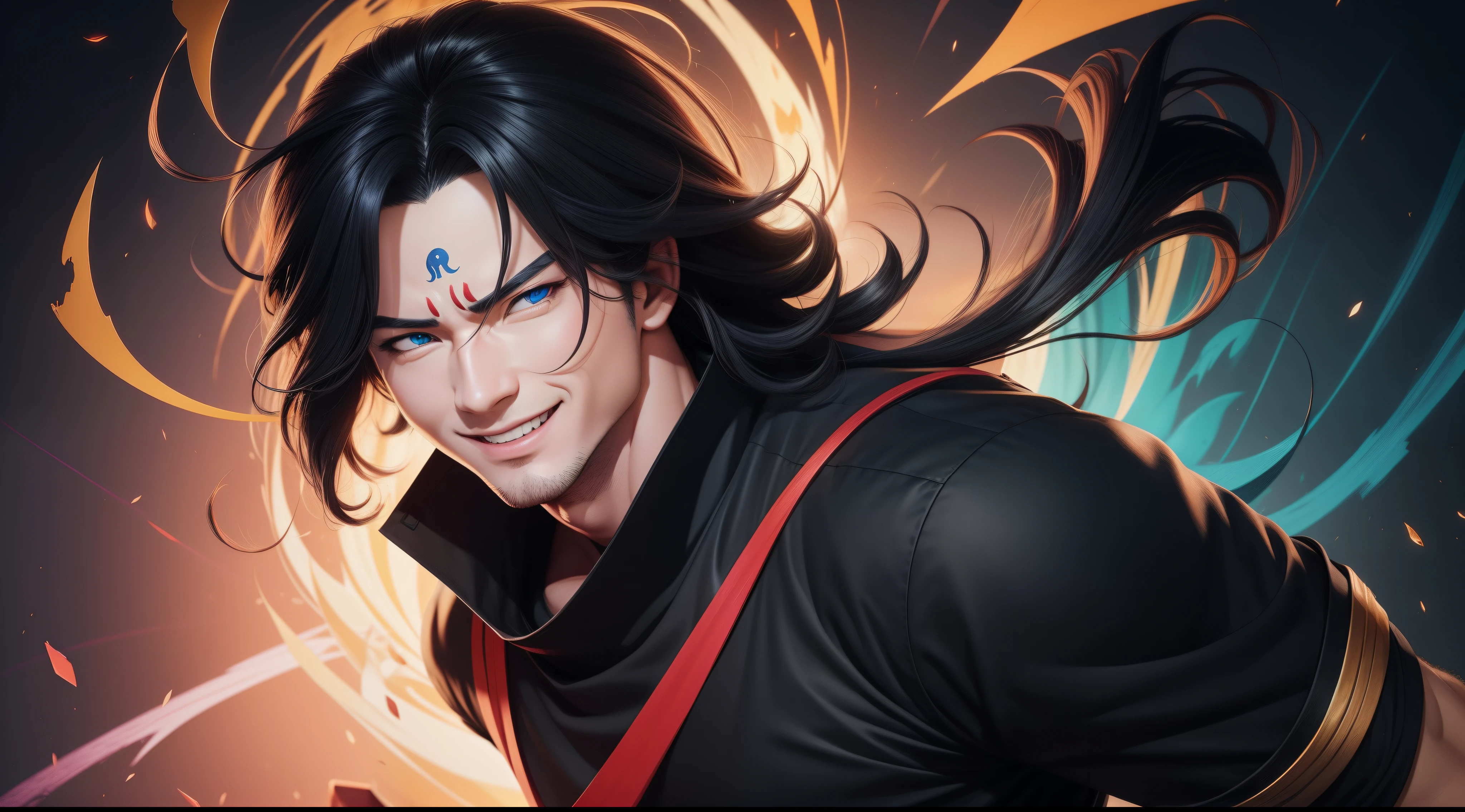 "Cheerful Madara is a true masterpiece with masculine beauty, perfect anatomy. Olpntng style, colorful rainbow, storybook ninja costumes, clean design, epic Instagram, artstation, full of color paint streaks, wlop, outline. When you look at his beautiful eyes, you will see clearly every small detail and perfect line, every detail on the skin is beautiful in 8K quality, people will be captivated by the confidence radiating from every look. His head has black hair and his face is drawn meticulously in every detail with 8K image quality.''