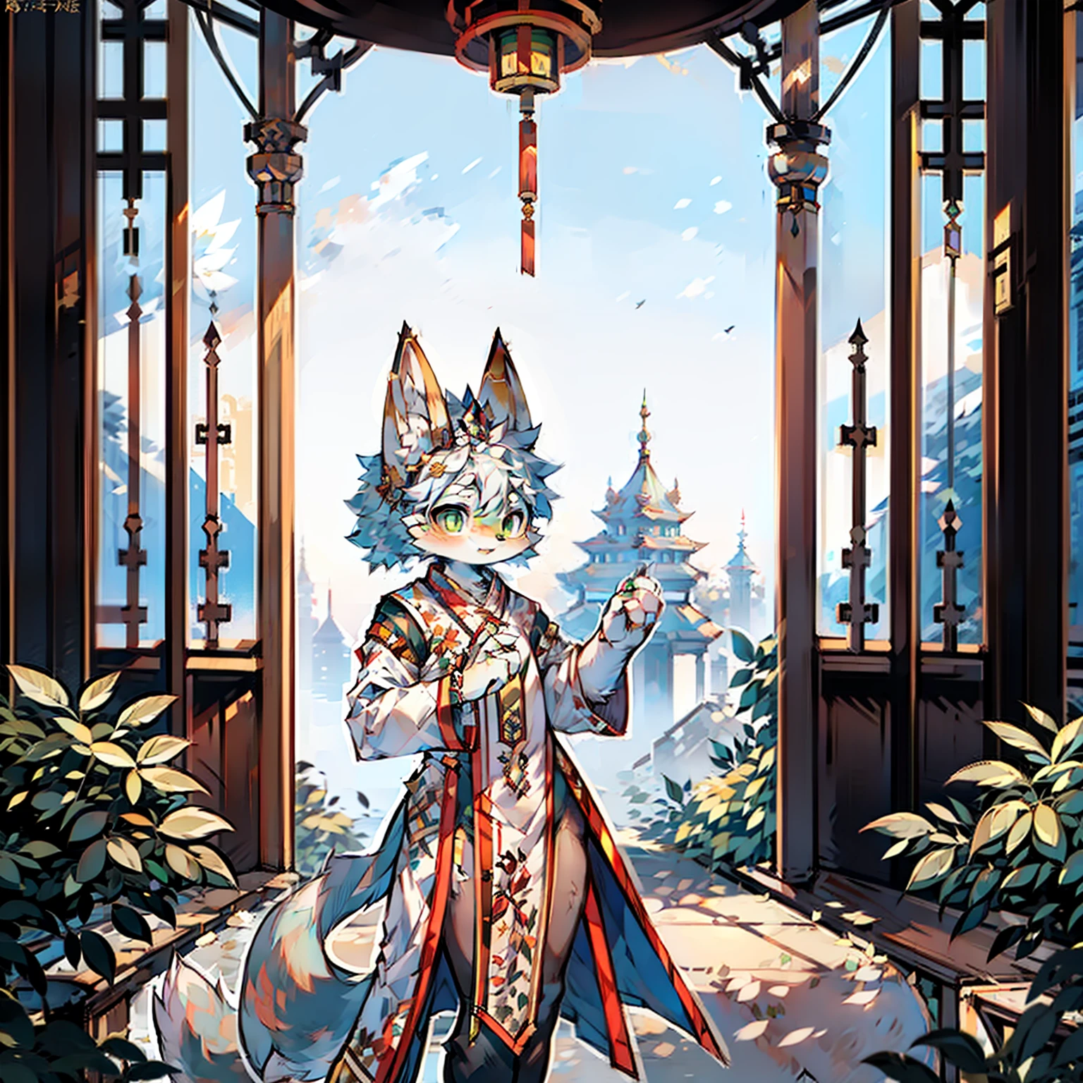 girl fox,green-eyed,White color hair,Yellow fur,Traditional Chinese clothing,palaces,Princess