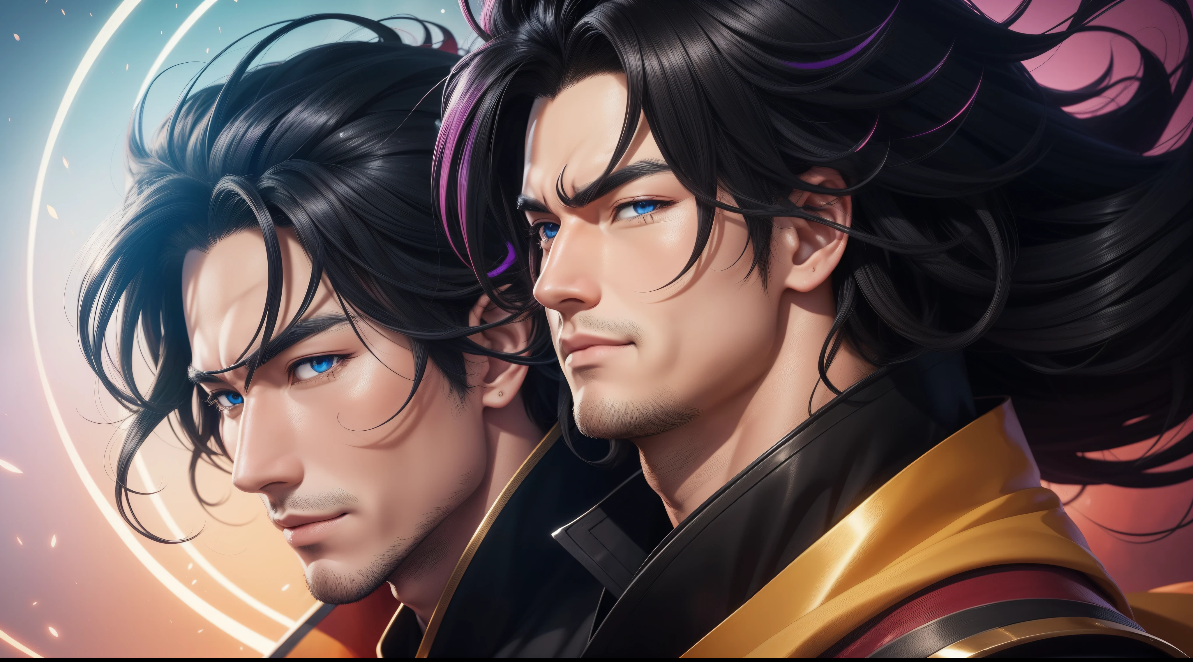 "Cheerful Madara is a true masterpiece with masculine beauty, perfect anatomy. Olpntng style, colorful rainbow, storybook ninja costumes, clean design, epic Instagram, artstation, full of color paint streaks, wlop, outline. When you look at his beautiful eyes, you will see clearly every small detail and perfect line, every detail on the skin is beautiful in 8K quality, people will be captivated by the confidence radiating from every look. His head has black hair and his face is drawn meticulously in every detail with 8K image quality.''