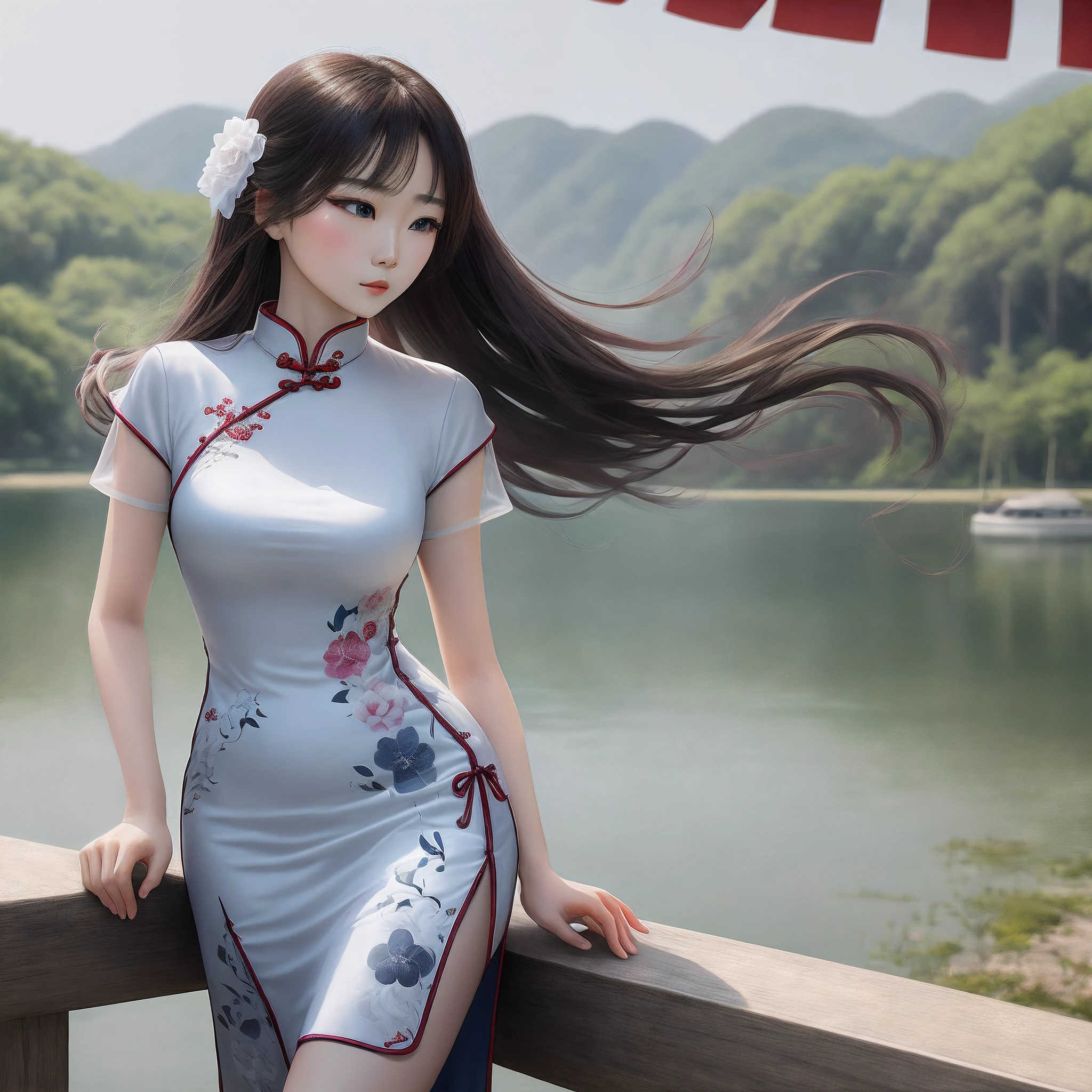 Stocking woman,White cheongsam,Listen to the wind by the lake,Blue eyes looking into the distance
