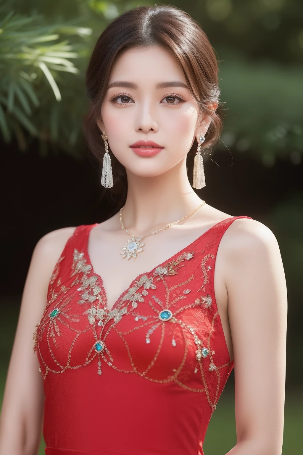 ((8k,A high resolution,Very detailed faces,Intricate details throughout the body,动态照明,photography of,poster for))((The full body photo is very detailed))
being in the grassland,A charming woman wears a gorgeous red dress。This dress is superbly cut,It reveals an elegant and noble temperament。Its style is slim fit,Fits snugly to the silhouette,Accentuates the graceful curves of women。The fabric of the red dress is soft and smooth satin,It gives a sense of luxury。It shimmers in the sun,It seems to dot the entire steppe。The upper part of the dress has V-shaped lace embellishments,Showcases feminine collarbones and necklines。This lace decoration is full of delicate patterns,Adding a romantic atmosphere。The hem of the dress is a wide fishtail design,Make the female figure more attractive。It consists of multiple layers of fluffy gauze,Each layer is decorated with delicate embroidery and beadwork,It seems to radiate starlight。Whenever a woman walks,The screen flutters gently,It's like dancing on the prairie。
Women's makeup is delicate and elegant。Her lips are smeared with bright red lipstick,Full and seductive。Her eye makeup is meticulous,The eyeliner is drawn softly and elegantly,Pair it with thick lashes and the contours of the eyebrows。Her eyes flashed brightly,It exudes a sense of confidence and charm。
The highlight of the whole look is her accessories。She wears a delicate necklace,The necklace is set with rubies and diamonds,Shimmering with dazzling light。She wears a ruby bracelet on her wrist,Complement the dress。She wears ruby earrings for her ears,It adds a touch of brightness to the whole look。
The woman stood on the steppe,Her beauty is different。The details of her red gown sparkle with luxury and art everywhere,Make her the most dazzling presence on the steppe。