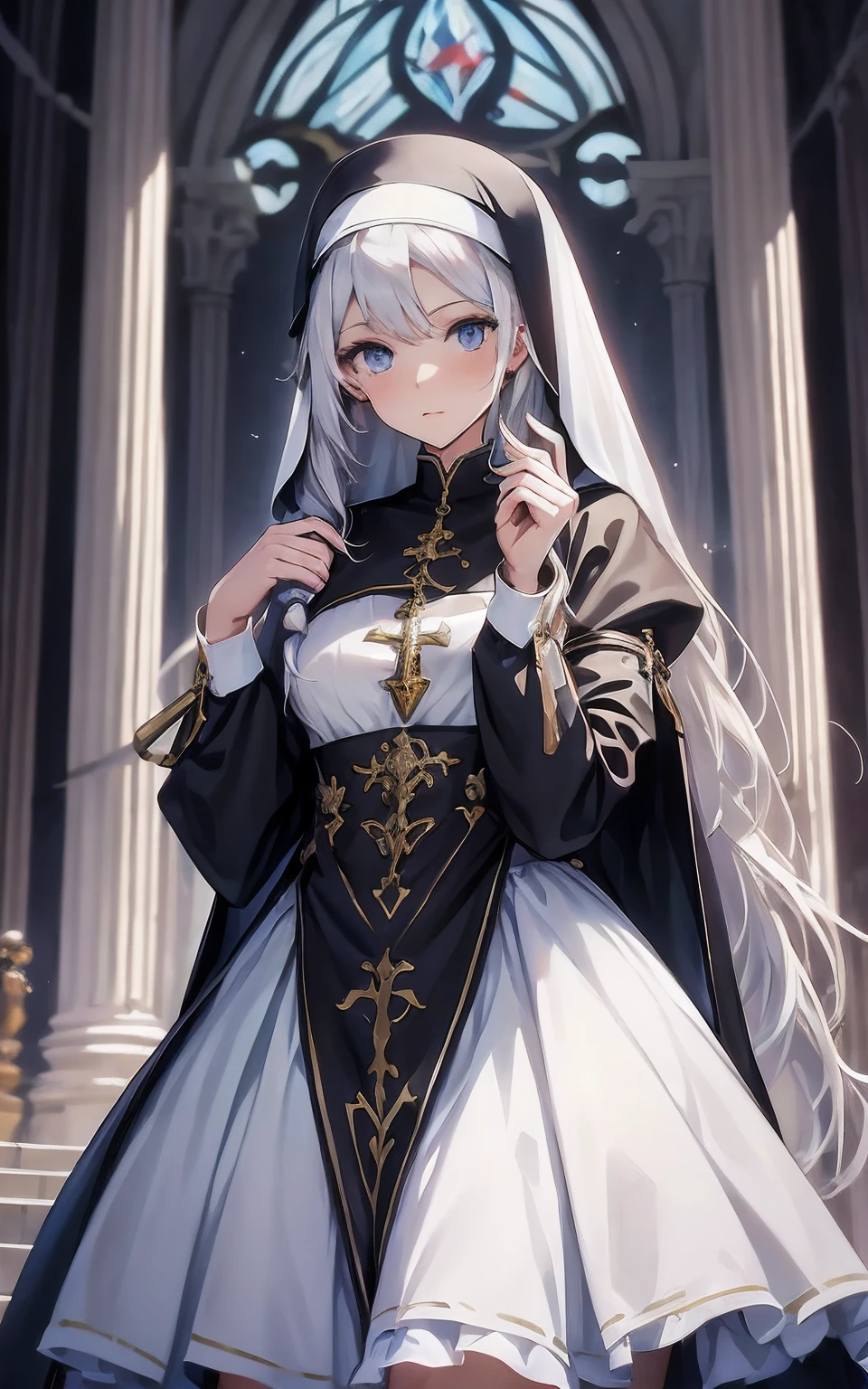 best qualtiy,tmasterpiece,Ultimate Resolution,downy,highly colorful,Colorful,saintess,silver-white long hair,Curly,a matural female,Crop topping,White nun dress,Metamorphosis is exposed,cathedral,sanctuary,Normal posture