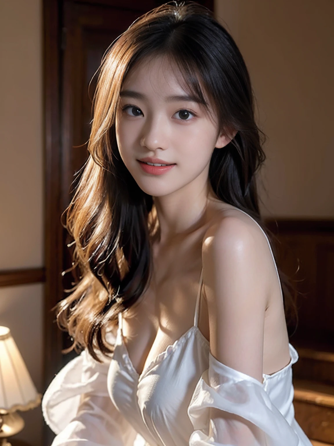 best qualtiy,tmasterpiece,超高分辨率,(真实感:1.4),RAW photogr,1girll,Face Highlighting,Pure,Girly,Flushing,18yr old,18-year-old smiling female classmate,Pure,Innocent,(best qualtiy,8K,tmasterpiece:1.3),Goose egg face,largeeyes,long eyelasher,Exquisite(live-action realistic style),Star-like eyes,Ultimate face,Photorealistic light and shadow,Clear facial features,Milky white skin,Fair skin, highdetailskin, Realistic skin details, Visible Pore,(Super detail),(perfect bodies:1.1),long whitr hair,(dynamicposes),((Dynamic background((volumettic light:1.3)),Old castle,crystal lamp,Wooden staircase,Silk underwear