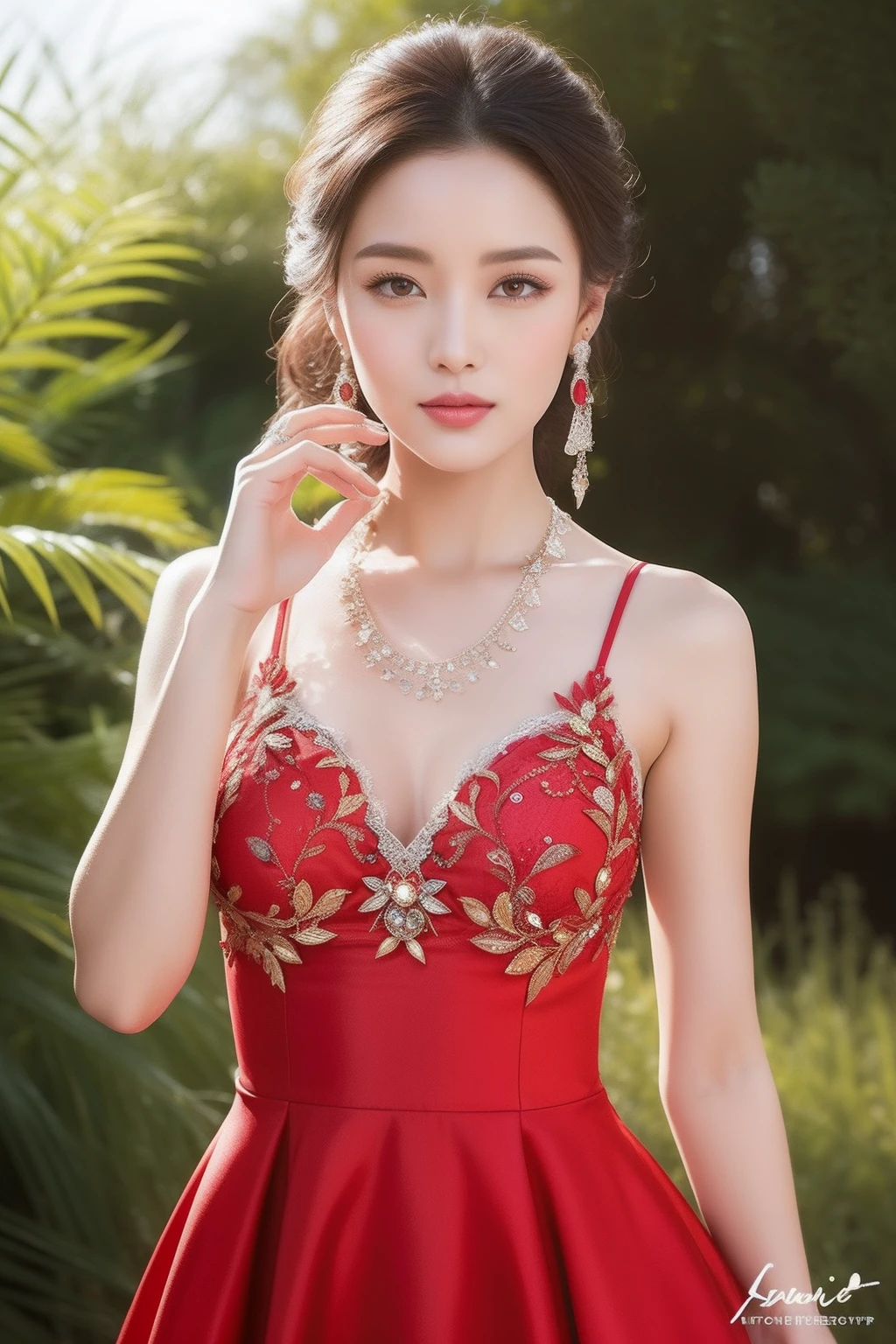 ((8k,A high resolution,Very detailed faces,Intricate details throughout the body,动态照明,photography of,poster for))((The full body photo is very detailed))
being in the grassland,A charming woman wears a gorgeous red dress。This dress is superbly cut,It reveals an elegant and noble temperament。Its style is slim fit,Fits snugly to the silhouette,Accentuates the graceful curves of women。The fabric of the red dress is soft and smooth satin,It gives a sense of luxury。It shimmers in the sun,It seems to dot the entire steppe。The upper part of the dress has V-shaped lace embellishments,Showcases feminine collarbones and necklines。This lace decoration is full of delicate patterns,Adding a romantic atmosphere。The hem of the dress is a wide fishtail design,Make the female figure more attractive。It consists of multiple layers of fluffy gauze,Each layer is decorated with delicate embroidery and beadwork,It seems to radiate starlight。Whenever a woman walks,The screen flutters gently,It's like dancing on the prairie。
Women's makeup is delicate and elegant。Her lips are smeared with bright red lipstick,Full and seductive。Her eye makeup is meticulous,The eyeliner is drawn softly and elegantly,Pair it with thick lashes and the contours of the eyebrows。Her eyes flashed brightly,It exudes a sense of confidence and charm。
The highlight of the whole look is her accessories。She wears a delicate necklace,The necklace is set with rubies and diamonds,Shimmering with dazzling light。She wears a ruby bracelet on her wrist,Complement the dress。She wears ruby earrings for her ears,It adds a touch of brightness to the whole look。
The woman stood on the steppe,Her beauty is different。The details of her red gown sparkle with luxury and art everywhere,Make her the most dazzling presence on the steppe。