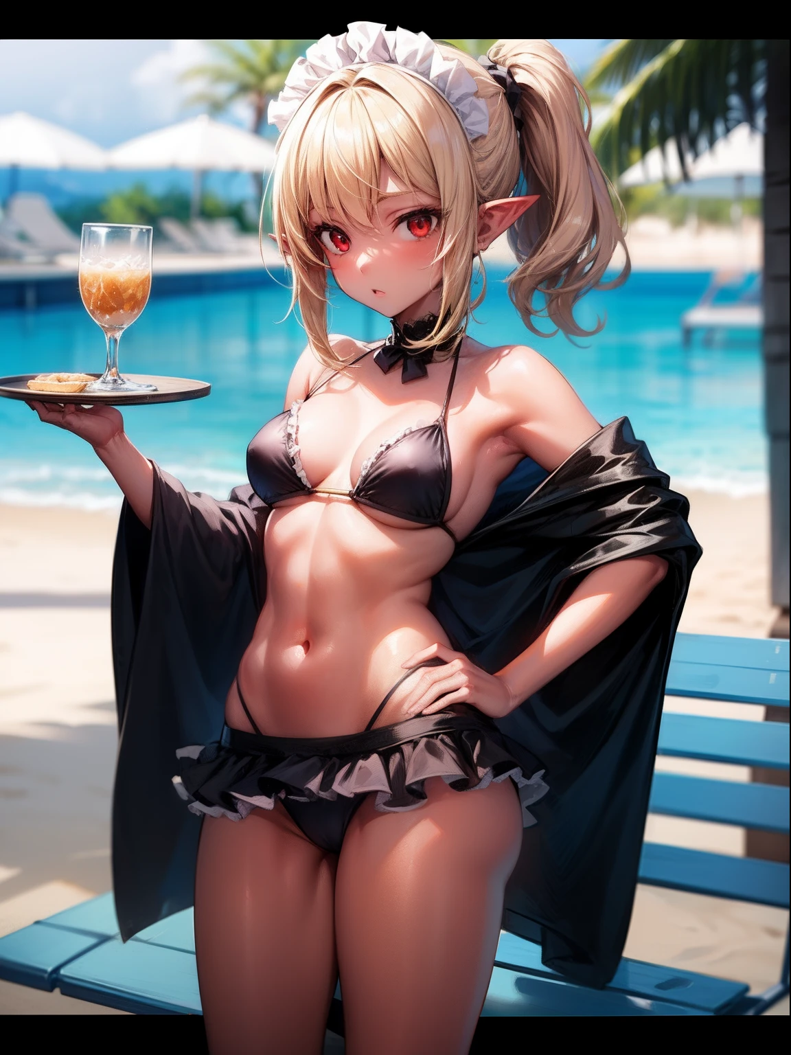 1girl,solo,blonde hairs,low ponytail, red eyes,black skin ,maid bikini,maid skirt, tray in hand,poolside,beach chair,standing,pointy ears,hand on hip,cowboy  shoot,