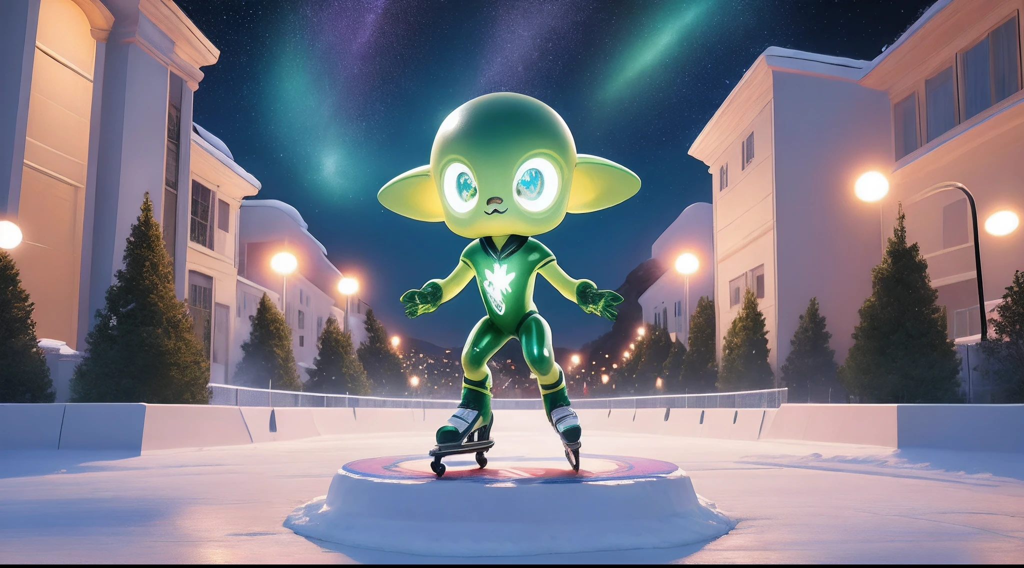 Imagine um ser de pele verde brilhante, com olhos grandes e vermelho, vestindo uma bermuda . He has two long, thin arms, usando um patins futurista com rodas luminosas. The alien is gliding smoothly on a skating rink, deixando rastros brilhantes no ar. Ao redor dele, There are amazed and intrigued people watching his skill. The scene is illuminated by colorful lights and twinkling stars in the sky. Essa imagem retrata um momento divertido e surpreendente.