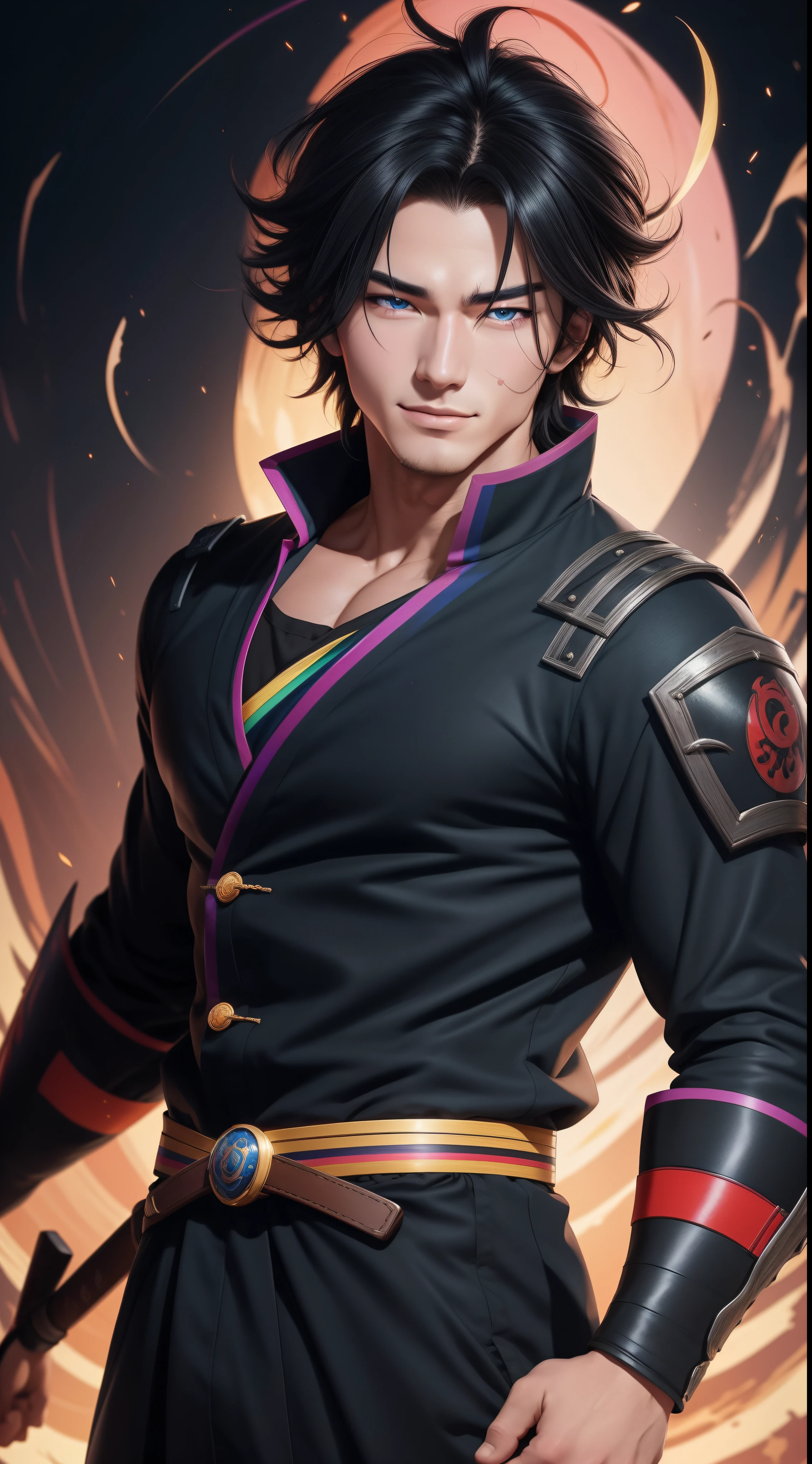 "Cheerful Madara 20 years old is a real masterpiece with masculine beauty, perfect ???????. Olpntng style, colorful rainbow, storybook ninja costume, clean design, epic Instagram, artstation, full streaks of colored paint, circles, outlines. When you look into his beautiful eyes, you will clearly see every small detail and perfect line, every detail on the skin is beautiful in 8K quality, people We will be captivated by the confidence radiating from every look. His head has black hair and his face is drawn meticulously in every detail with 8K image quality.''