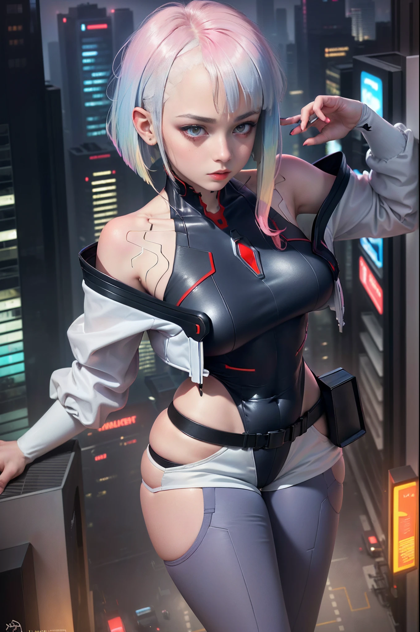 masterpiece, best quality, highres, giantess, lu1, cyborg, multicolored hair, makeup, bare shoulders, black leotard, highleg leotard, (thong:1.1), white jacket, open jacket, belt, shorts, cowboy shot, cyberpunk, walking, in city