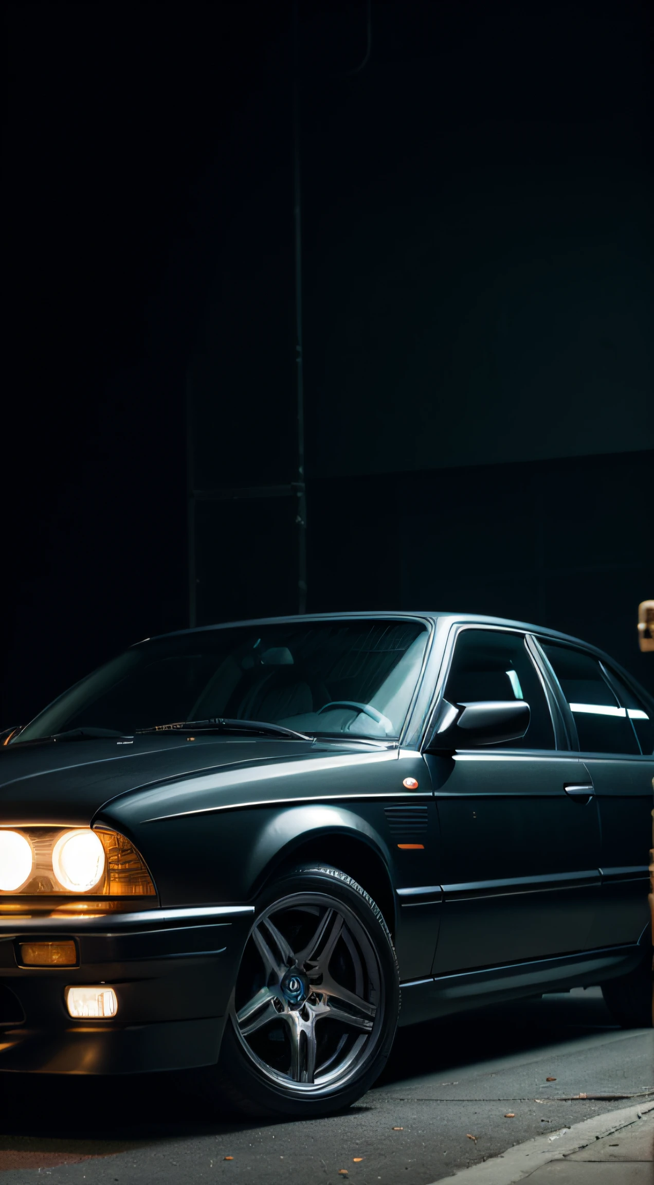 A photograph of a Russian gangsters from the 90's repairing a foreign car in the garage, (black BMW M5 e34), Stalinist skyscrapers in the background, dark background, contrast, (cinematic light), (full frame DSLR Canon camera), 85mm macro, (f1.8), (ISO 1200)