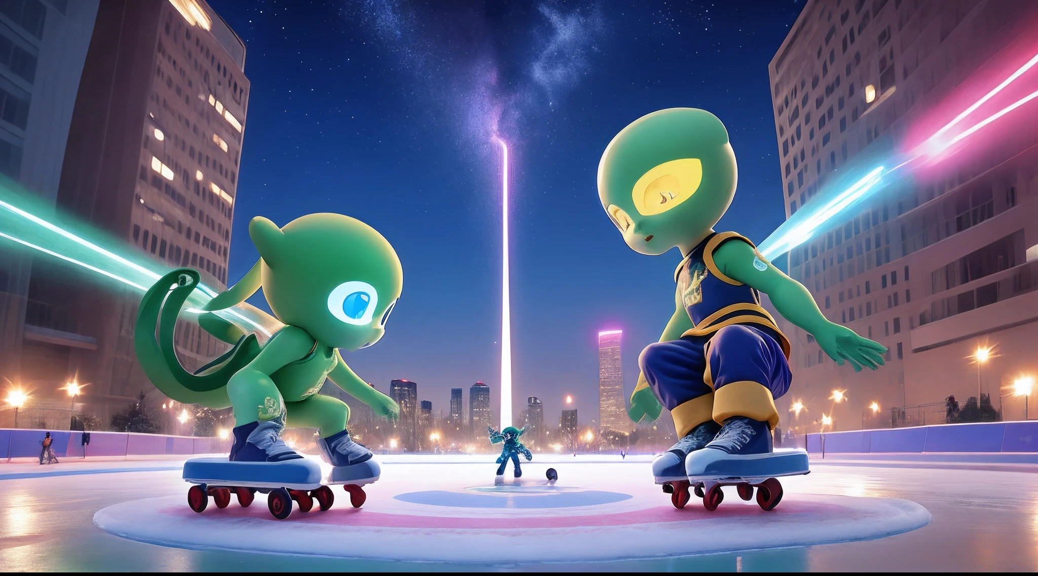 Imagine um ser de pele verde brilhante, com olhos grandes e vermelho, vestindo uma bermuda . He has two long, thin arms, usando um patins futurista com rodas luminosas. The alien is gliding smoothly on a skating rink, deixando rastros brilhantes no ar. Ao redor dele, There are amazed and intrigued people watching his skill. The scene is illuminated by colorful lights and twinkling stars in the sky. Essa imagem retrata um momento divertido e surpreendente.