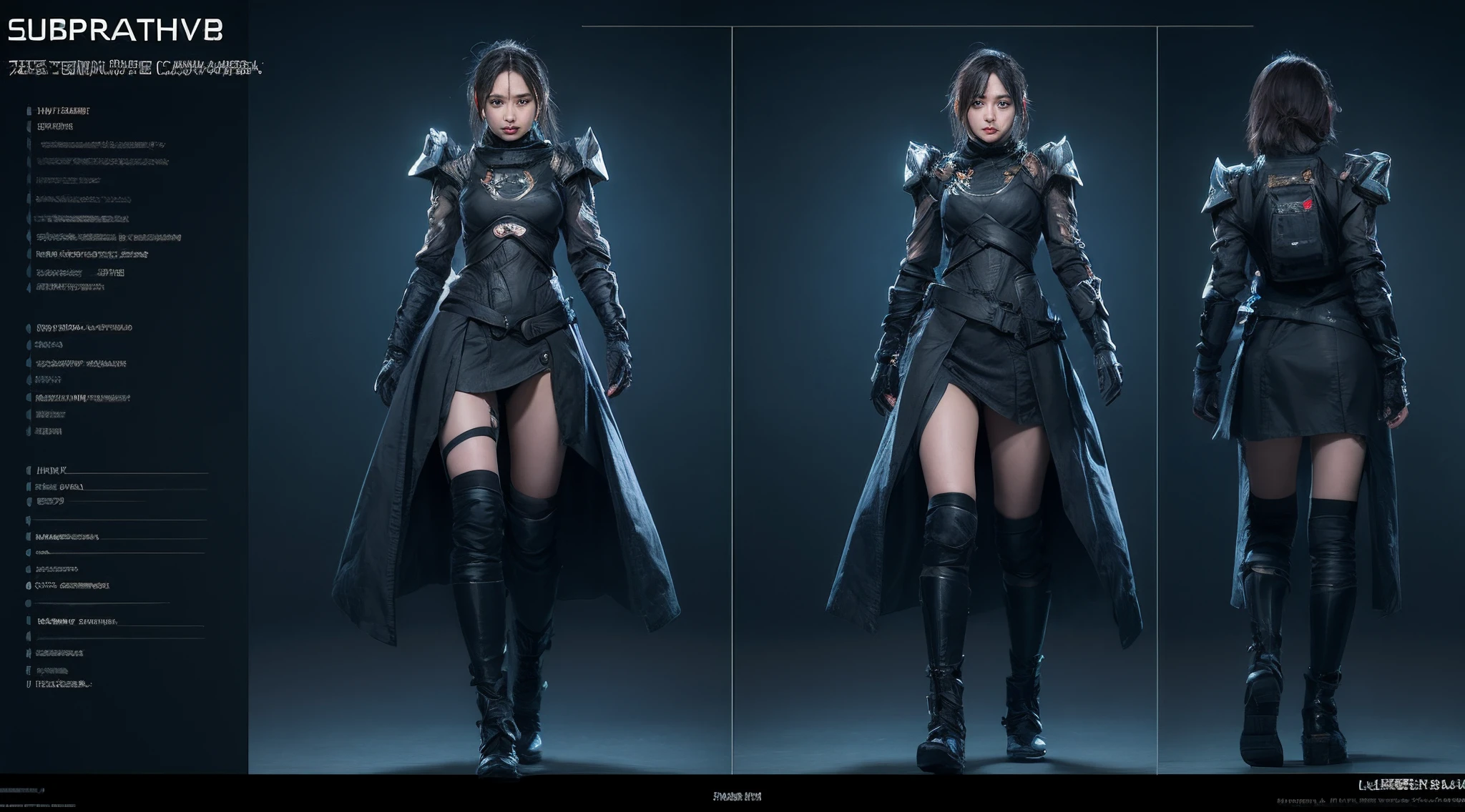 character chart, reference sheet, multiple views, move chart, award winning,character design,juesesheji,3D, A beautiful cyberpunk female image,battledress,hdr(HighDynamicRange),Ray traching,NVIDIA RTX,Hyper-Resolution,Unreal 5,Subsurface scattering、PBR Texture、post-proces、Anisotropy Filtering、depth of fields、maximum definition and sharpness、Many-Layer Textures、Albedo e mapas Speculares、Surface coloring、Accurate simulation octane rendering of light-material interactions、Two-colored light、largeaperture、Low ISO、White balance、the rule of thirds、8K raw data、blackstockings