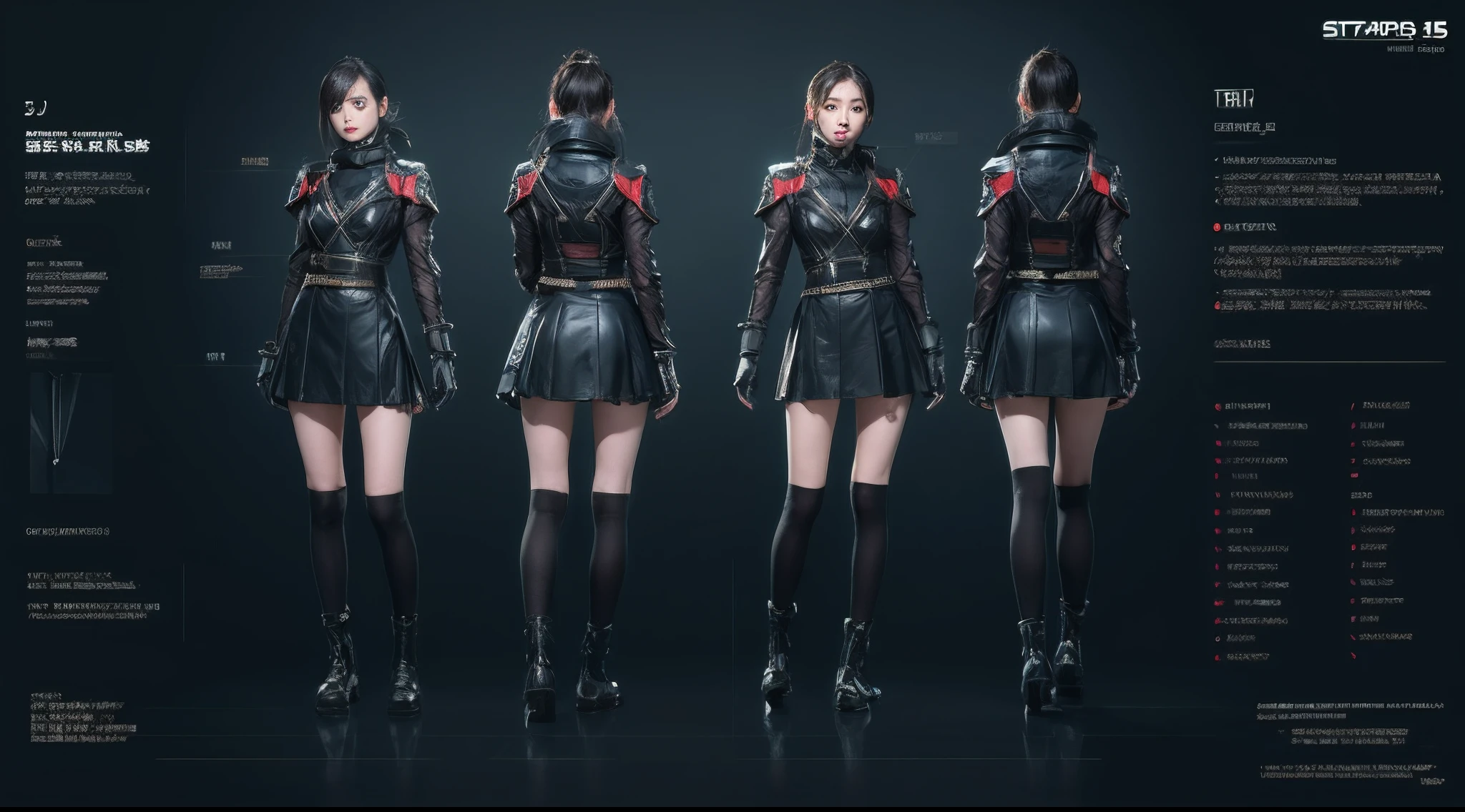 character chart, reference sheet, multiple views, move chart, award winning，character design，juesesheji，3D, A beautiful cyberpunk female image,battledress，hdr（HighDynamicRange）,Ray traching,NVIDIA RTX,Hyper-Resolution,Unreal 5,Subsurface scattering、PBR Texture、post-proces、Anisotropy Filtering、depth of fields、maximum definition and sharpness、Many-Layer Textures、Albedo e mapas Speculares、Surface coloring、Accurate simulation octane rendering of light-material interactions、Two-colored light、largeaperture、Low ISO、White balance、the rule of thirds、8K raw data、blackstockings