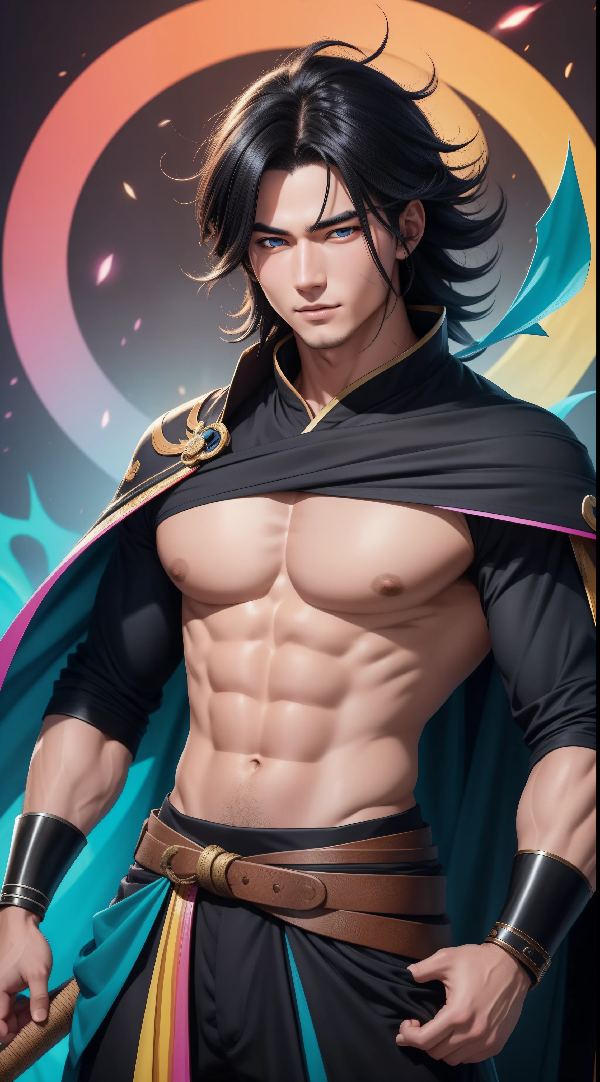 "Cheerful Madara 20 years old is a real masterpiece with masculine beauty, perfect anatomy. Olpntng style, colorful rainbow, storybook ninja costume, clean design, epic Instagram, artstation, full streaks of colored paint, circles, outlines. When you look into his beautiful eyes, you will clearly see every small detail and perfect line, every detail on the skin is beautiful in 8K quality, people We will be captivated by the confidence radiating from every look. His head has black hair and his face is drawn meticulously in every detail with 8K image quality.''