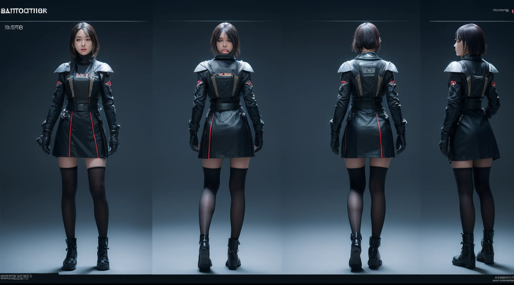 character chart, reference sheet, multiple views, move chart, award winning，character design，juesesheji，3D, A beautiful cyberpunk female image,battledress，hdr（HighDynamicRange）,Ray traching,NVIDIA RTX,Hyper-Resolution,Unreal 5,Subsurface scattering、PBR Texture、post-proces、Anisotropy Filtering、depth of fields、maximum definition and sharpness、Many-Layer Textures、Albedo e mapas Speculares、Surface coloring、Accurate simulation octane rendering of light-material interactions、Two-colored light、largeaperture、Low ISO、White balance、the rule of thirds、8K raw data、blackstockings