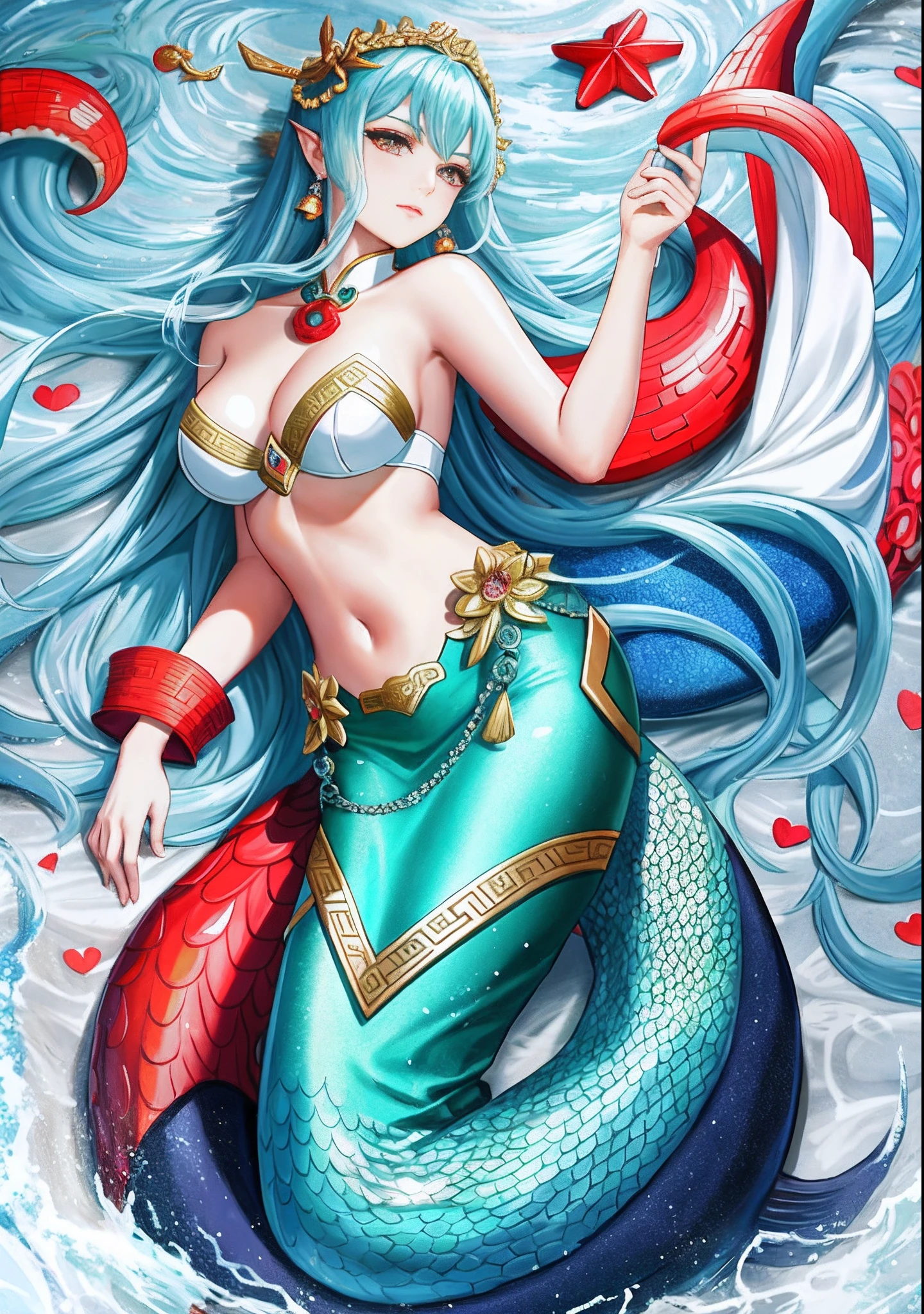 Close-up of mermaid holding red hearts in hand, portrait of mermaid warrior, octopus goddess, beautiful female gorgon, Asian Woman Water Elemental, portrait of an octopus goddess, Goddess of the sea, queen of the sea mu yanling, beautiful mermaid, portrait of mermaid queen, scylla and charybdis, dnd triton,2d,Ultra HD anime style,Holding an ancient Chinese Tang Dynasty umbrella,On wet roads,
