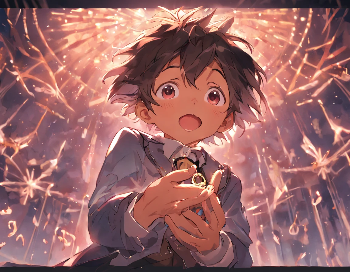 Gabrielly Girando o Ponteiro: Uma imagem de Gabrielly (5 anos, cabelos loiro mel) holding the pocket watch and carefully rotating the small hand, with an expression of surprise and curiosity on his face.