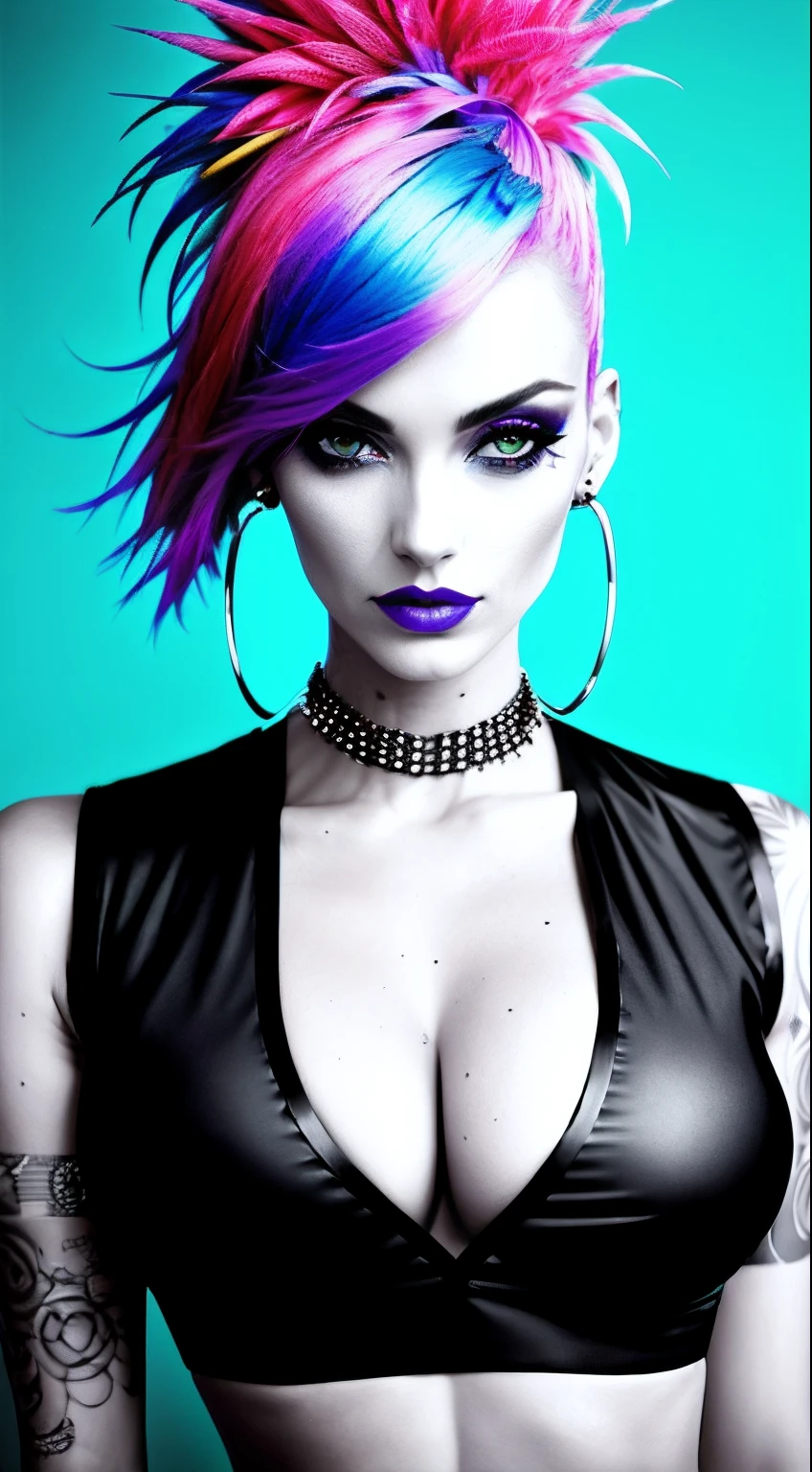 fashion photography of a monster beautiful woman .shot at eye level ,close up , headshot. ,wearing a fashion cuberpunk crop top, . blury background. slim, (small breasts), open vest ,