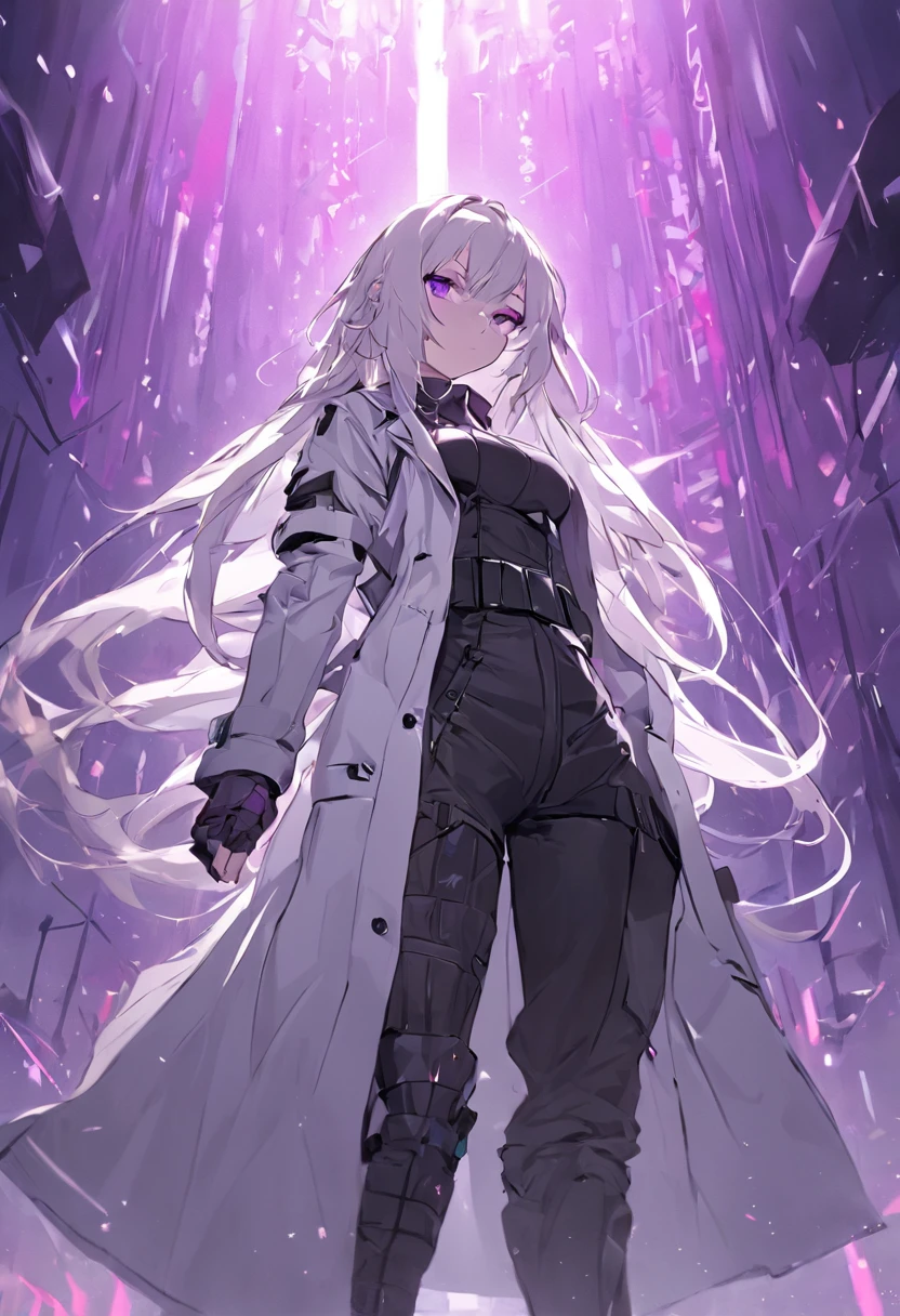Two-dimensional woman,Long white silky hair,Bright purple pupils,White trench coat with black hard vest armor,A tactical belt hangs a black pocket,Black slim trousers with leggings,A pair of black tactical high-top boots,4k高清