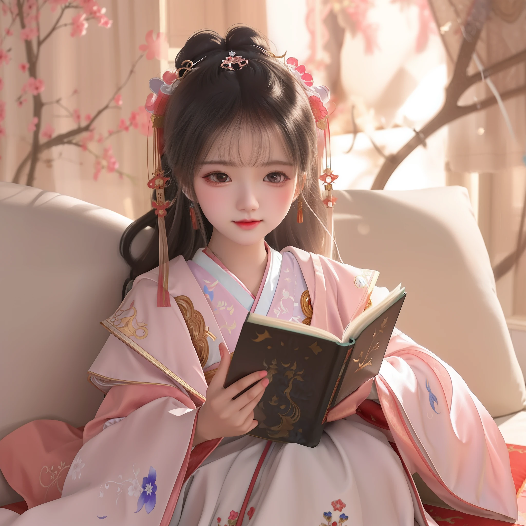 There was a doll reading a book on the couch, Palace , A girl in Hanfu, Guviz-style artwork, Guviz, guweiz masterpiece, Soft anime illustration, Cute detailed digital art, trending on cgstation, Hanfu, adorable digital art, cute cute, White Hanfu, lovely digital painting, Beautiful digital illustration