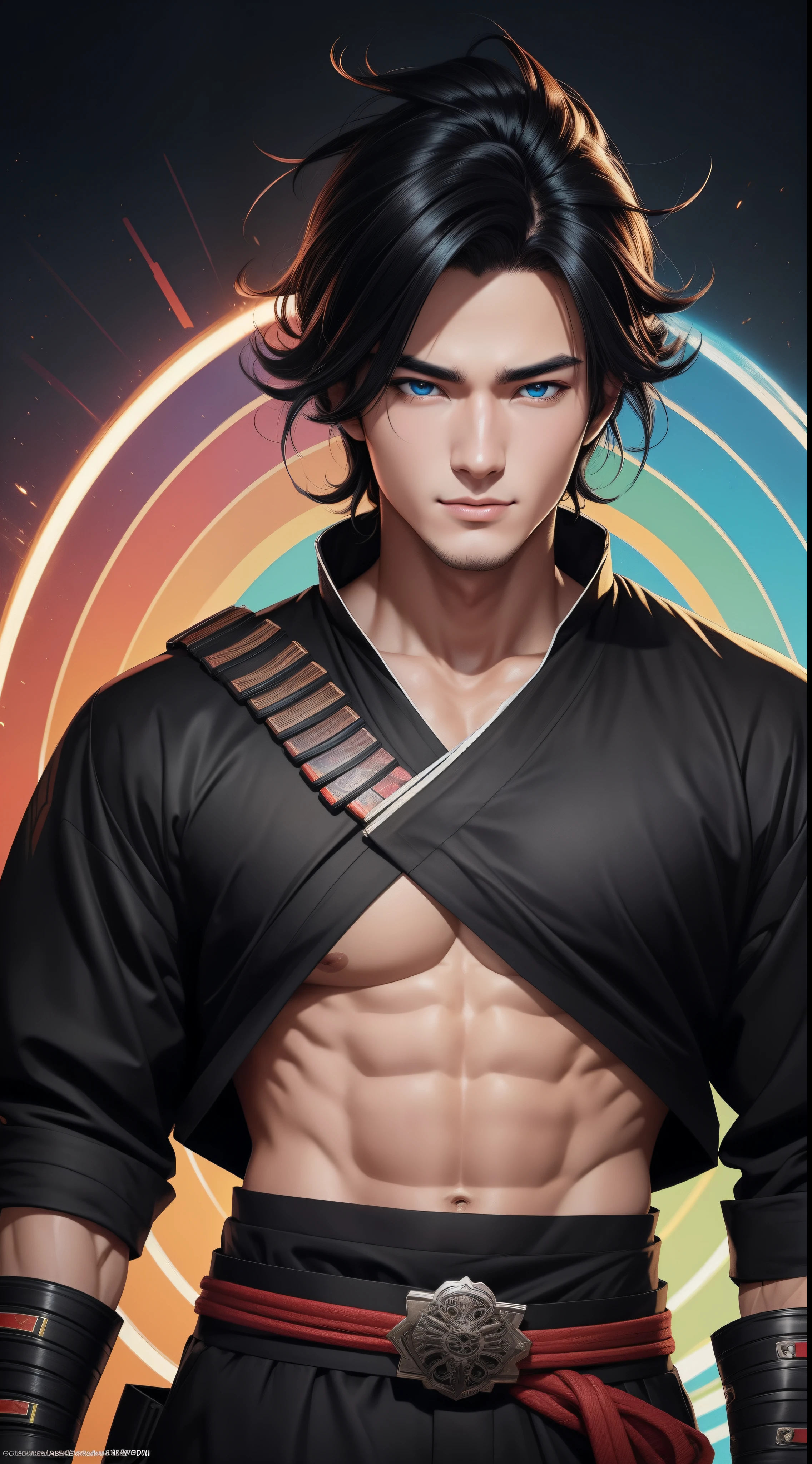 "Cheerful Madara 20 years old is a real masterpiece with masculine beauty, perfect anatomy. Olpntng style, colorful rainbow, black samurai outfit, clean design, epic Instagram, artstation, full streaks of colored paint, circles, outlines. When you look at his beautiful eyes, you will clearly see every little detail and perfect line, every detail on the skin is beautiful in 8K quality, people We will be captivated by the confidence radiating from every look. His head has black hair and his face is drawn meticulously in every detail with 8K image quality.''