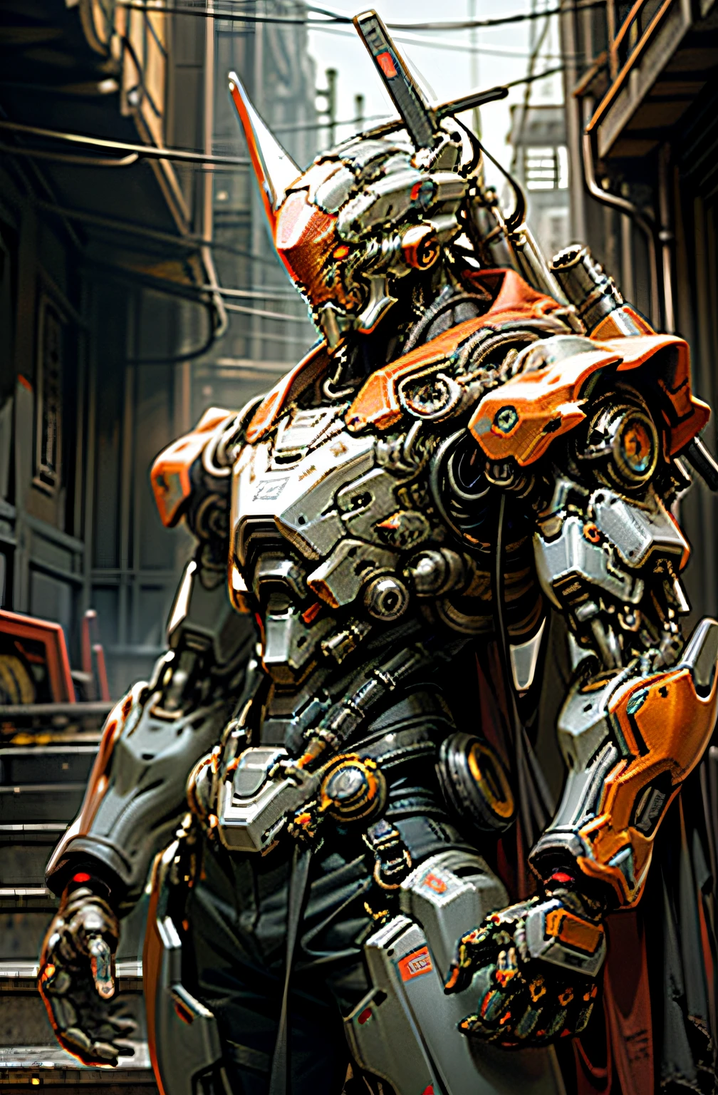 Dark_Fantasy,Cyberpunk,(chain saw,chain saw man,Red:1.1),1man,Mechanical marvel,Robotic presence,Cybernetic guardian, wearing a worn-out mech suit, intricate, (steel metal [rusty]), elegant, clear focus, shot by greg rutkowski, soft lighting, vibrant colors, masterpiece, ((street)), cowboy shot, dynamic pose,
